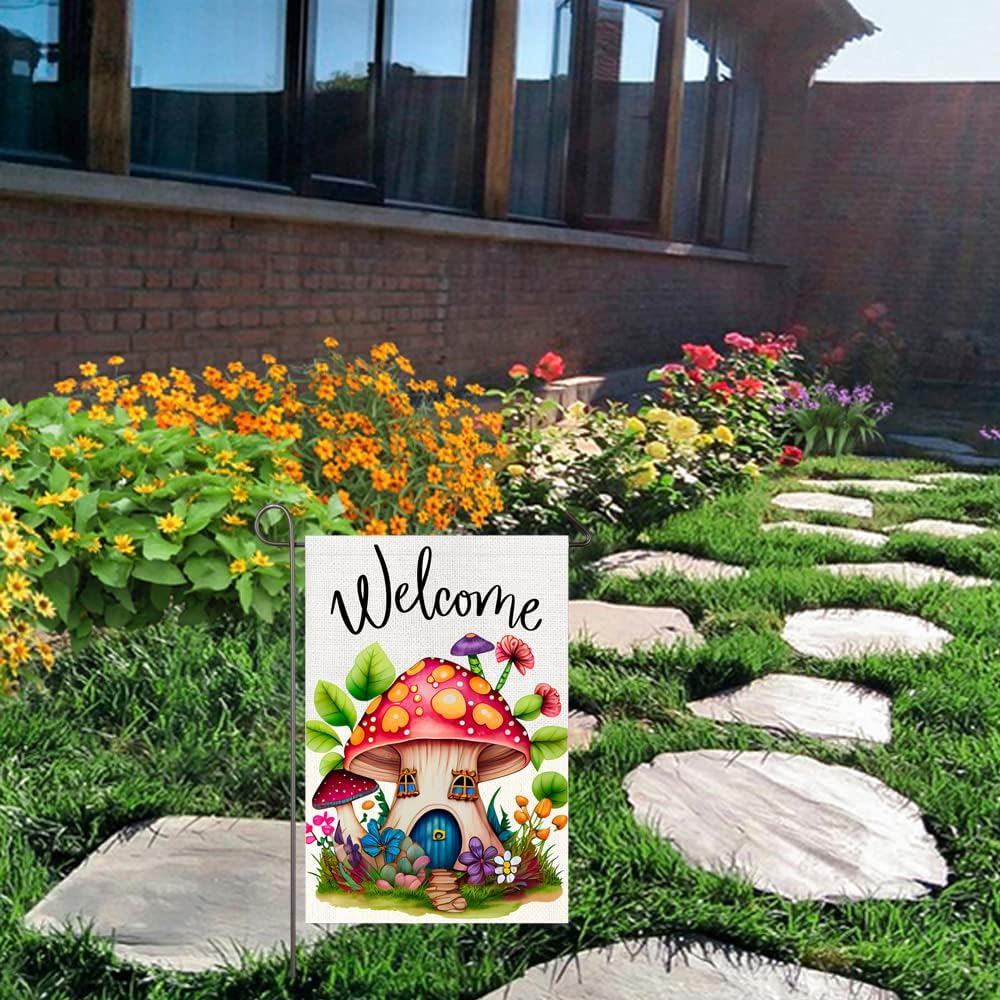 Mushroom House Garden Flag 12x18 Inch Double Sided Spring Summer Welcome Mushroom Yard Flag Seasonal Farmhouse Decor Garden Lawn Yard Outdoor Decorations - Image 9