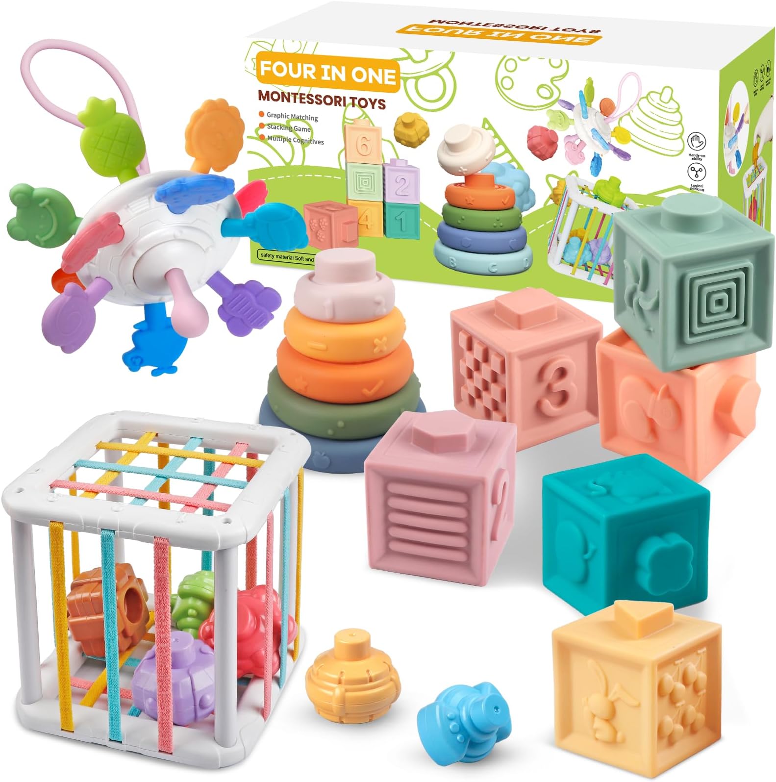 Aliex 4 in 1 Montessori Baby Sensory Toy Set, Food-Grade Silicone