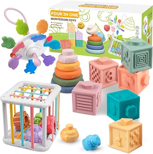 Aliex 4 in 1 Juguetes Montessori Bebes, Juguetes Sensoriales/Apilables/Cubos/Blo