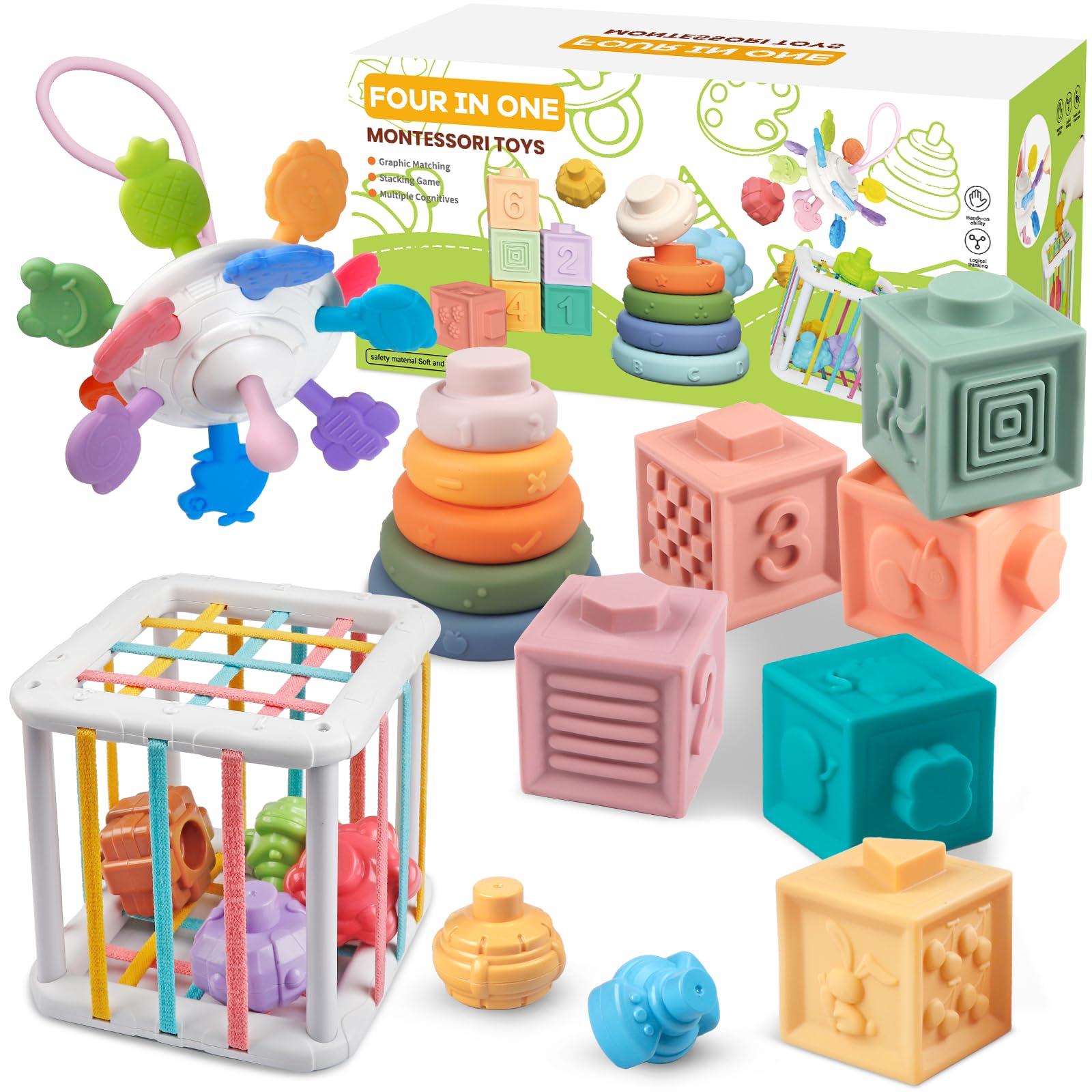 Aliex 4 in 1 Baby Toys, Montessori for Babies | Food-Grade Silicone - Sensory - Stacking - Shape Sorter - Blocks Cube - Developmental Toys