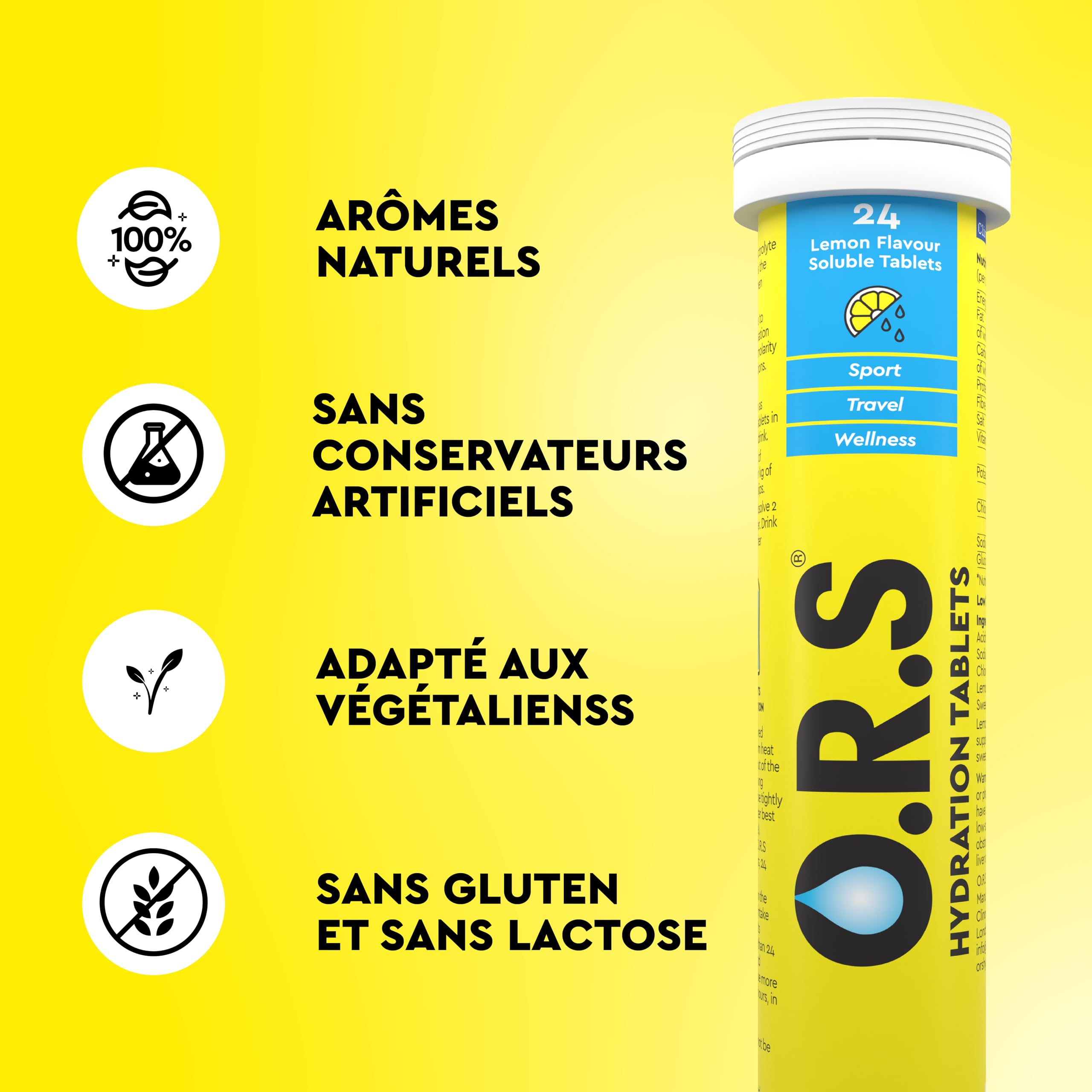 O.R.S Tablettes d'Hydratations avec Électrolytes, Minéraux et Glucose, Végan, Composition Sans Gluten et Lactose - Goût Naturel de FLAVOUR (Citron), 144 Tablettes, 72 portions (Pack de 6 x 24).