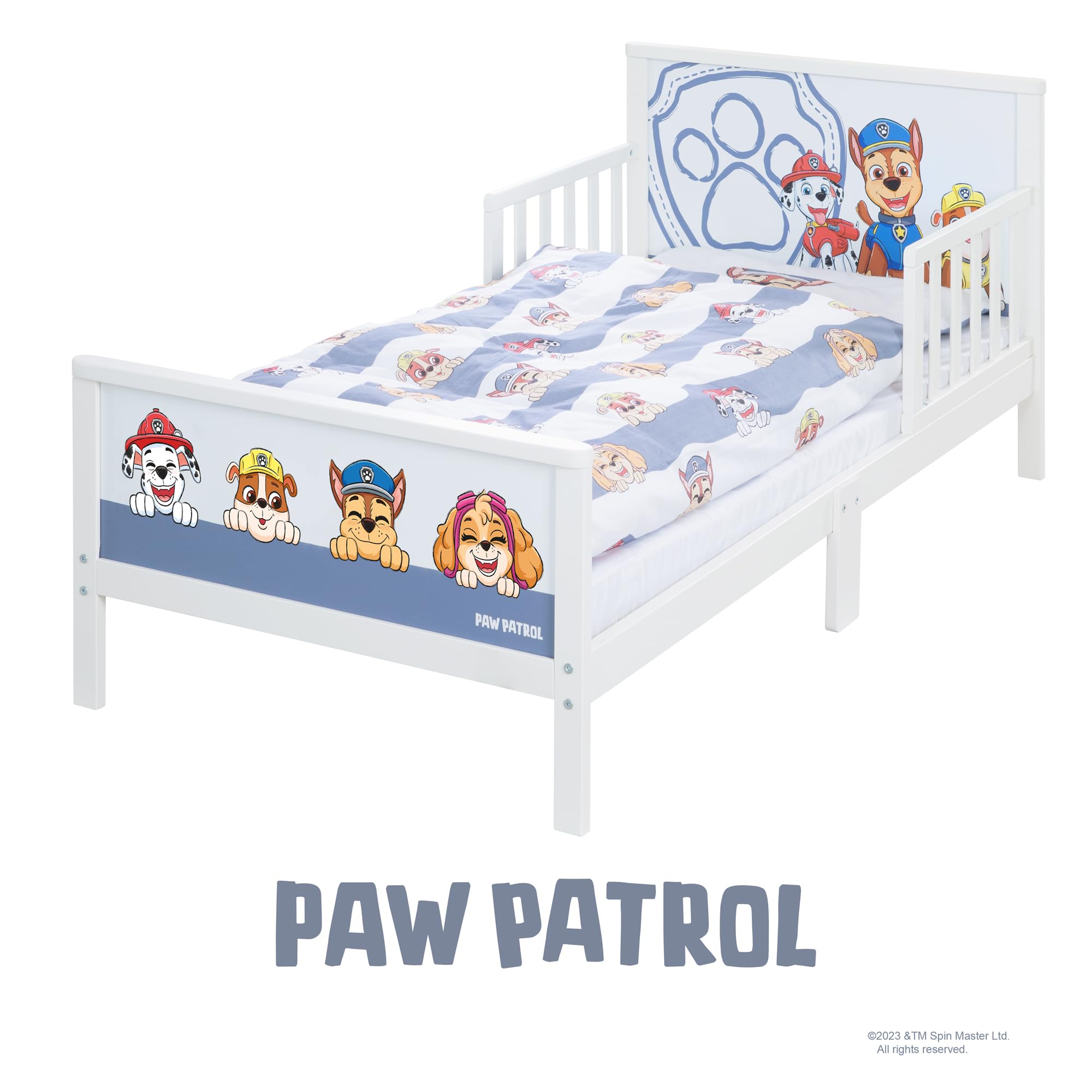 roba Paw Patrol Cama Infantil Montessori 70 x 140 cm para Niños + Somier y Ropa de Cama - Utilizable hasta 7 Años - Blanco/Diseño de Perros Chase, Marshall, Rubble, Skye