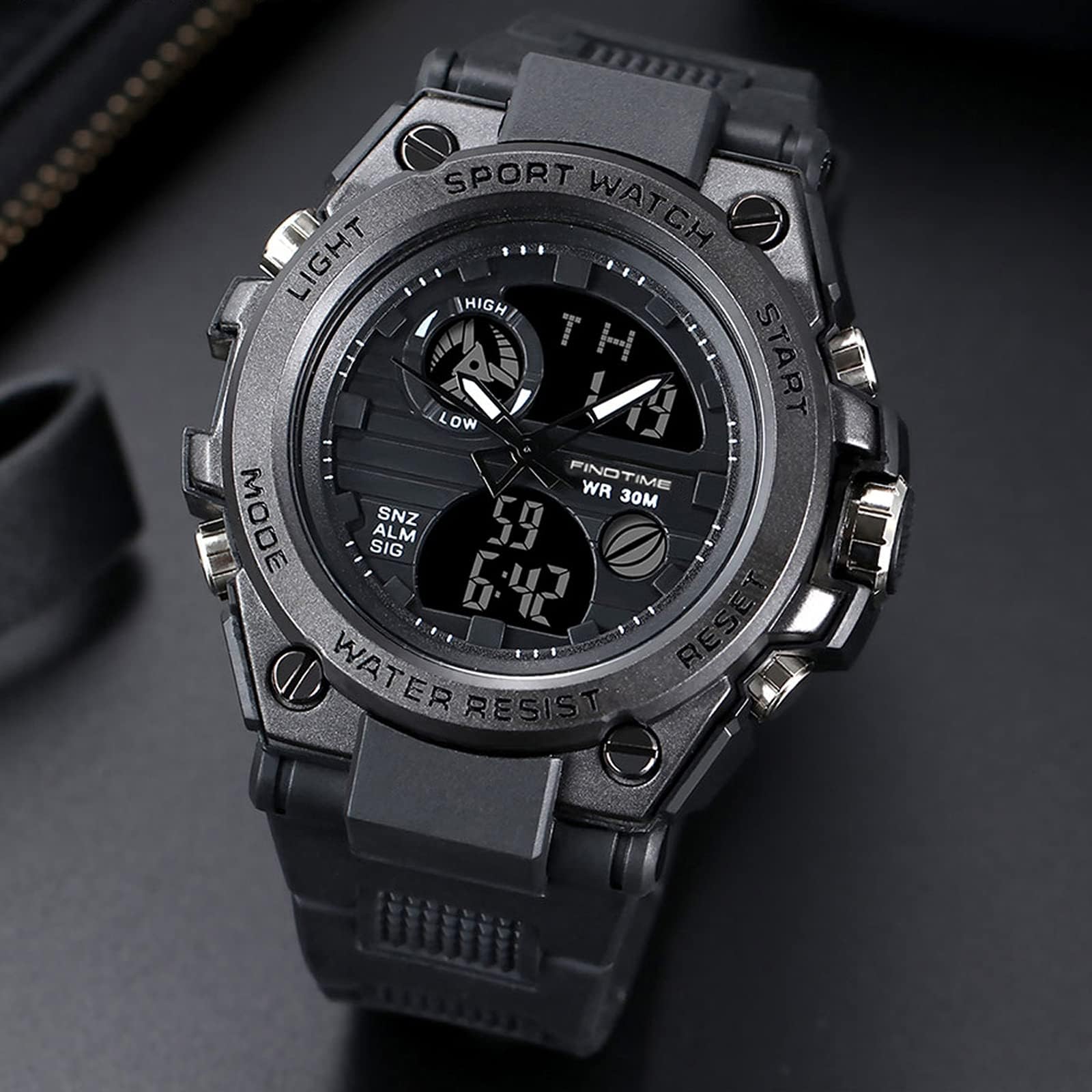 Orologio militare tattico sportivo da uomo, cronometro, quadrante grande, sveglia, doppio display ora, retroilluminazione, orologio da polso impermeabile per esterno, Nero , Cinghia