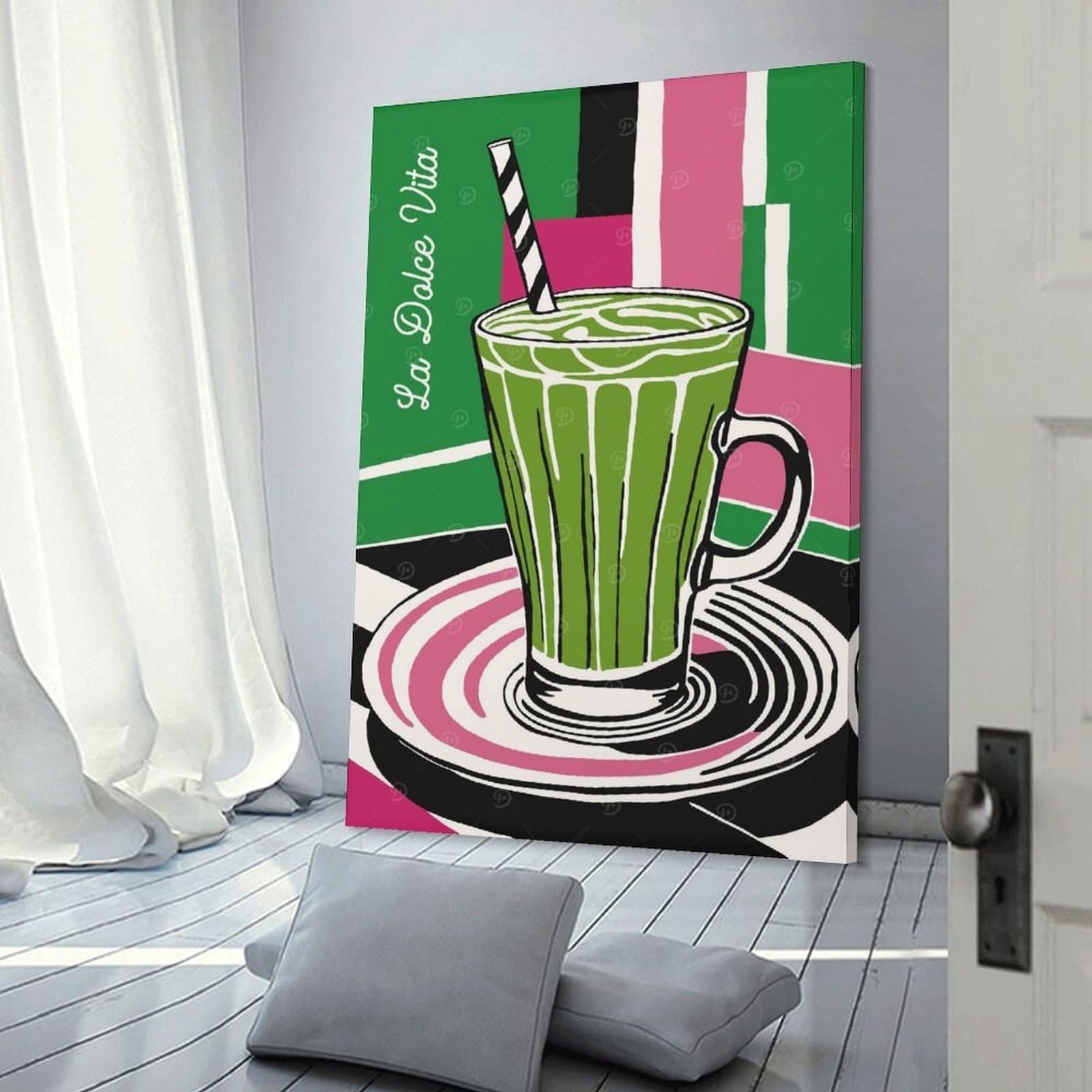 Junmoney Matcha Latte Drink Canvas Wall Picture, 24x36inch(60x90cm), for Wall Displays, Bedrooms Or Room Updates, Wall Decor Suited to Curated Displays