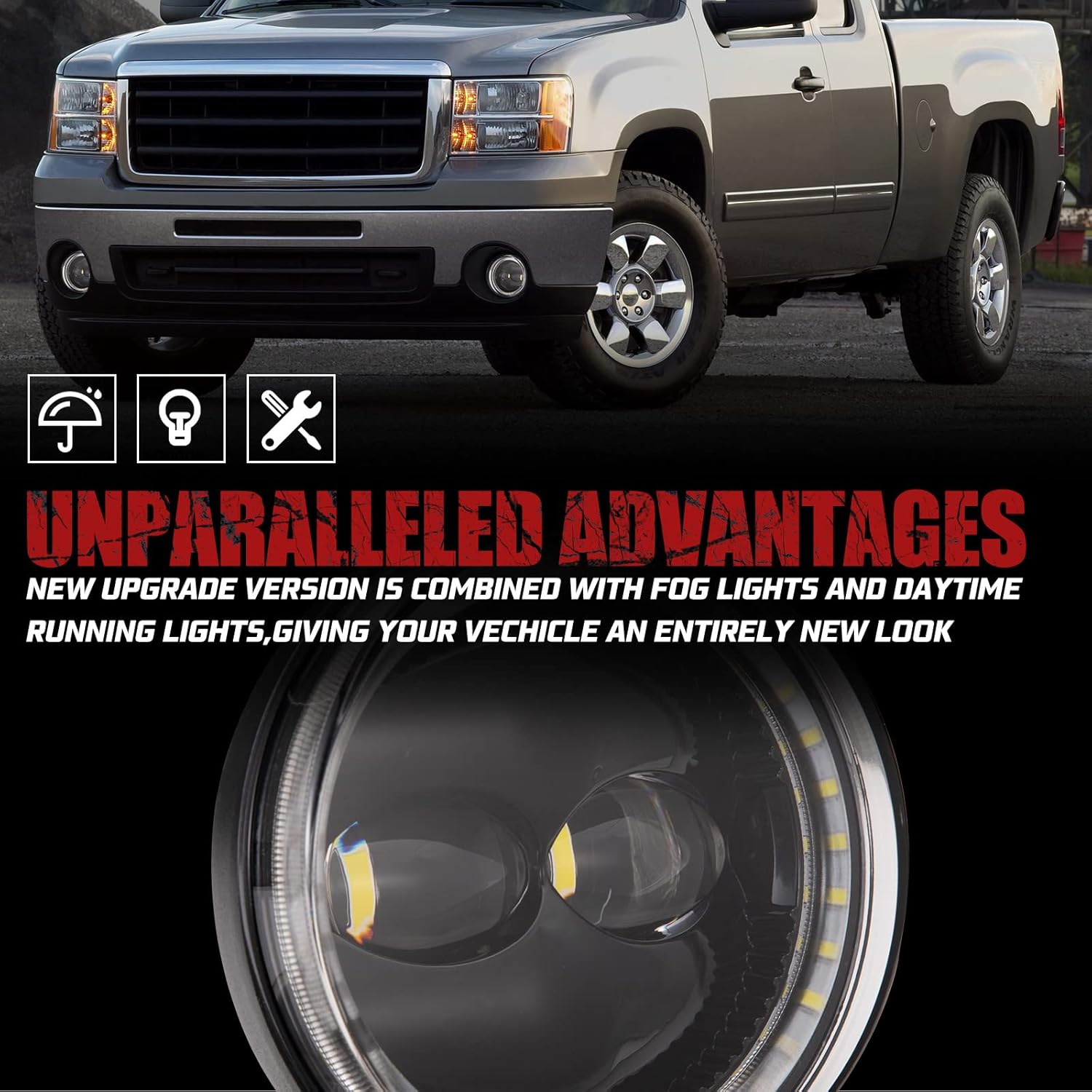 BUNKER INDUST LED Fog Light with Daytime Running Lights for 2007-2013 GMC Sierra 1500/2007-2014 Sierra 2500HD 3500HD, OEM Bumper Driving DRL Fog Lamp Assembly Kit