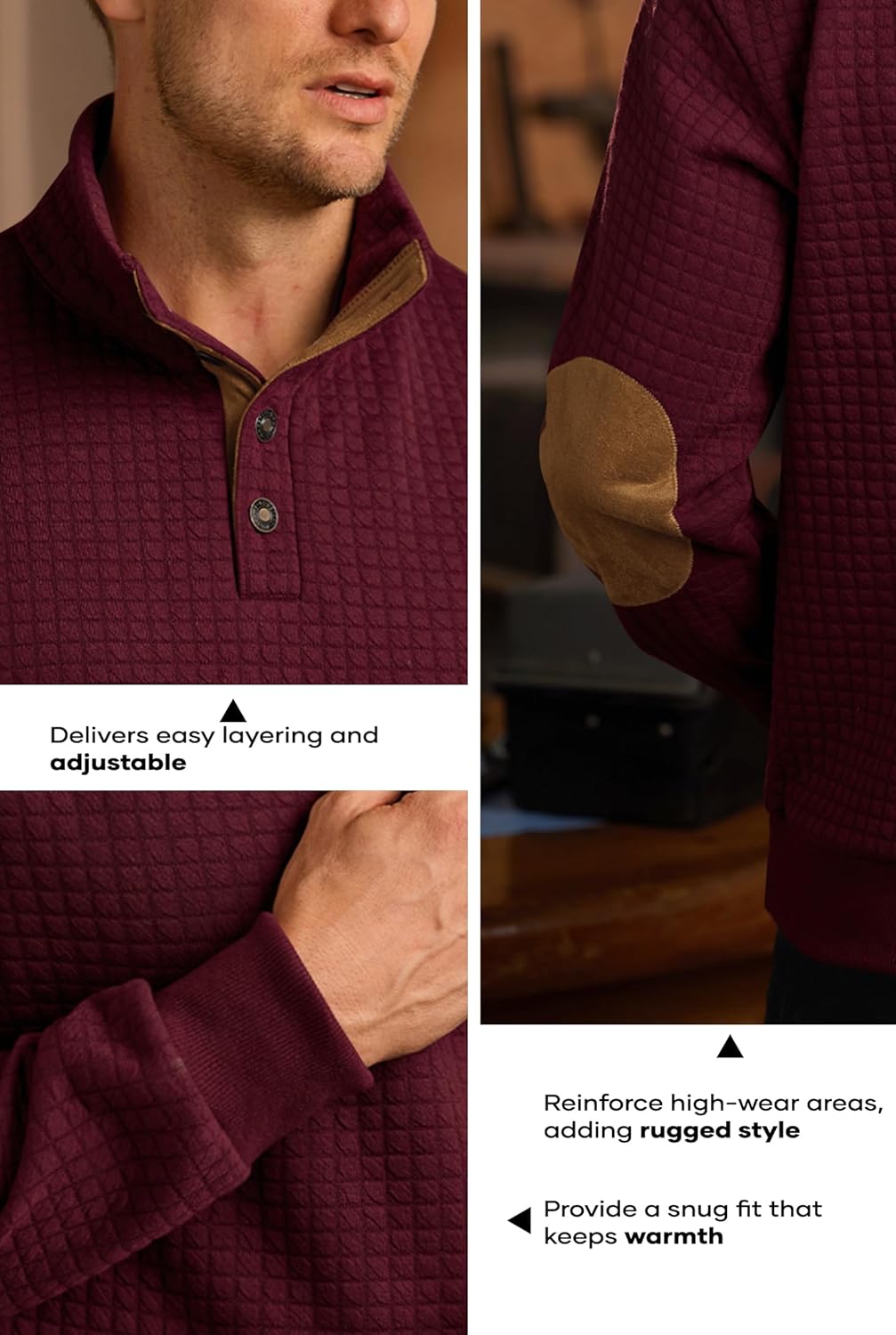Men's Textured Sweatshirt Fleece Lined Thermal Elbow Patches Heavyweight Pullover Burgundy Medium - Image 6