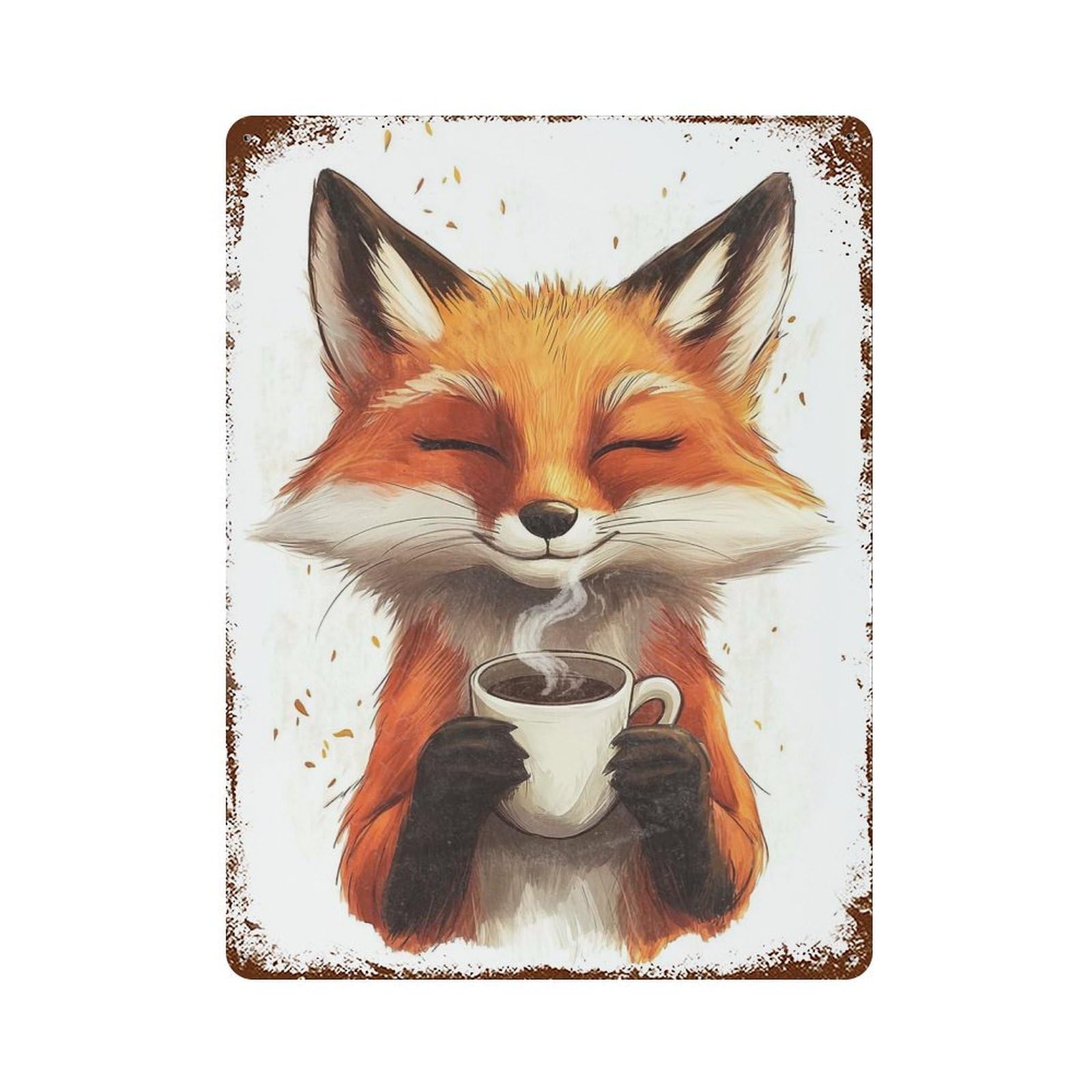 Weathered Tin Sign with Fox with Coffee Design 15.7"x11.8", for Garage, Bar And Workshop Decor, Decorative Metal Wall Art