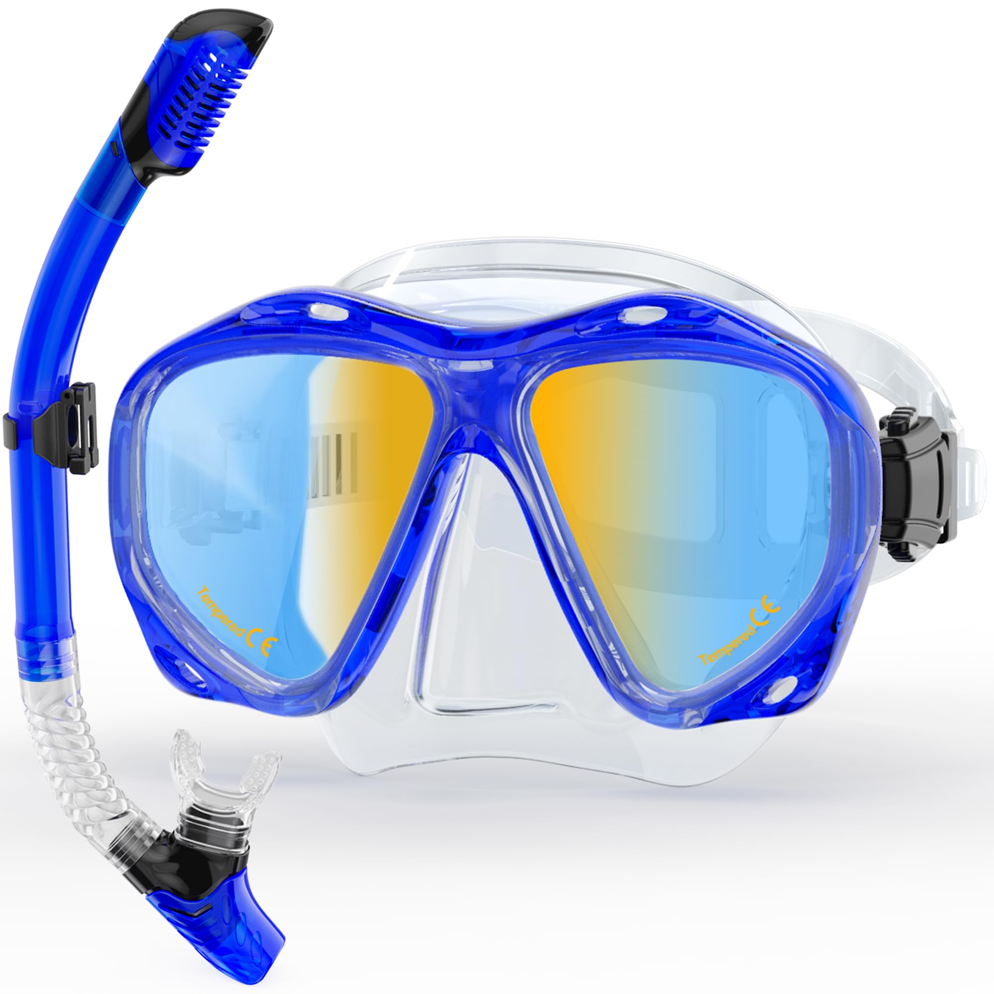 Snorkeling Gear for Adults, Snorkel Mask With Mirrored Tempered Glass Lens 180° Wide View Anti-Fog Scuba Diving Mask, Professional Snorkel Set for Swimming Diving (Clear Blue)