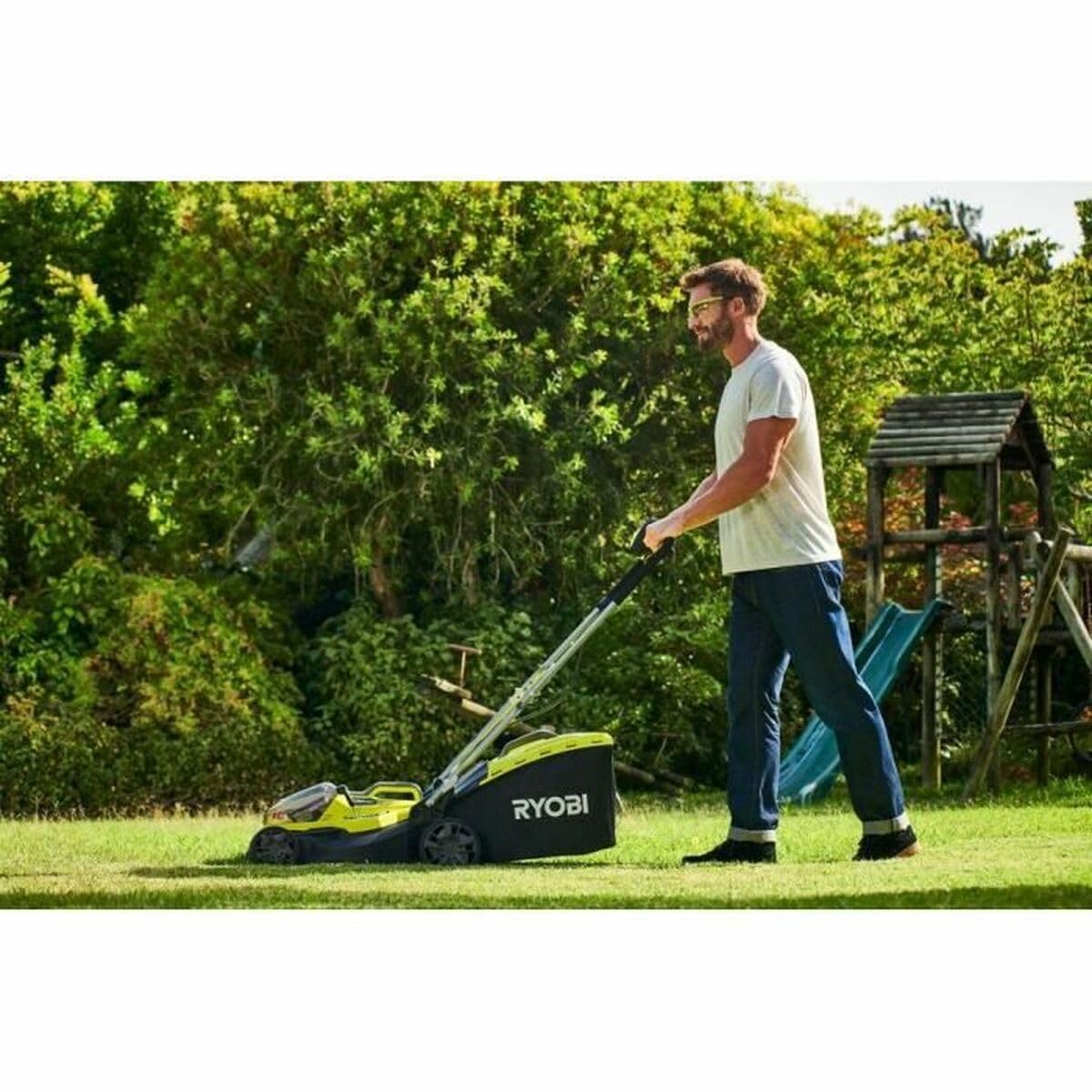 RYOBI 18V One+ Tondeuse Hybride 37 cm 2 Batteries 5.0 Ah Chargeur Rapide Bac 45 L Réglage Hauteur 2-7 cm 575 m²