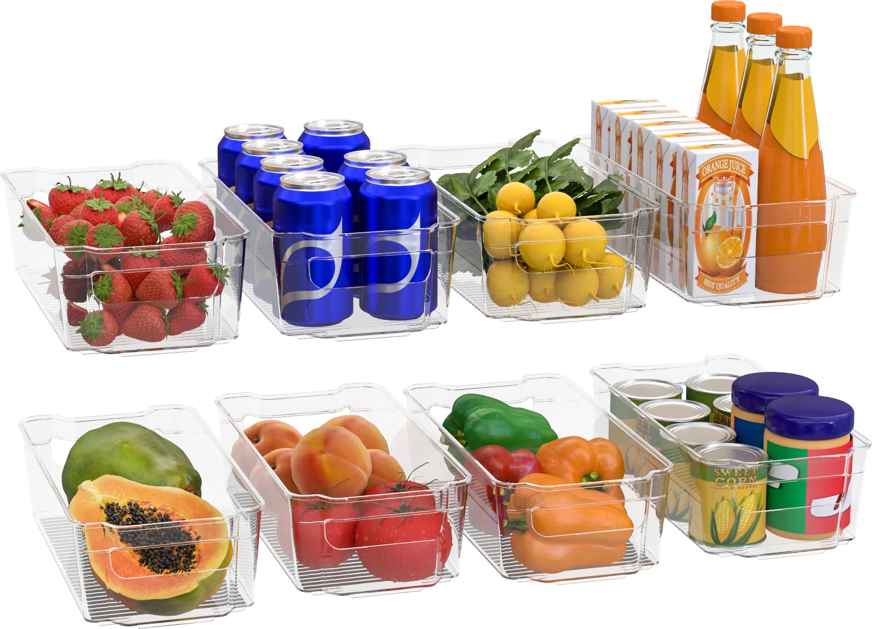 KICHLY Stackable Fridge Organisers - Set of 8 Storage Containers with Handles - Multipurpose Organizer Boxes For Kitchen, Fridge, Cupboard, Snacks, Cans, Tins, Pantry, Under Sink - BPA Free (Clear)