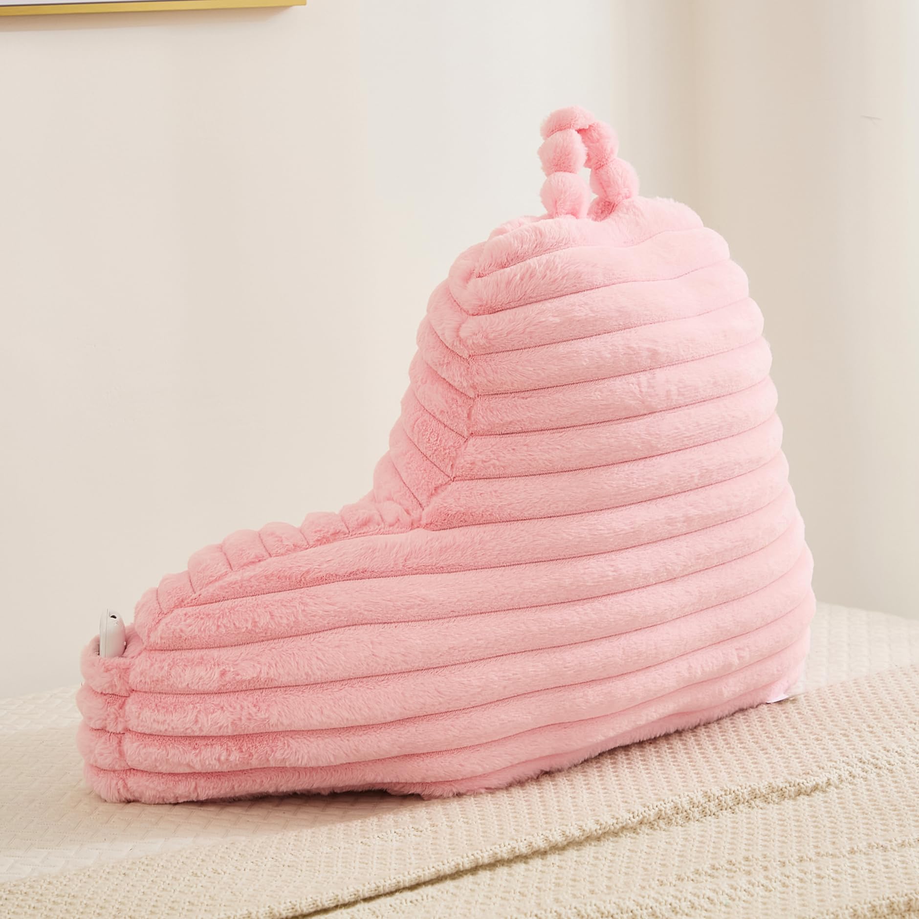 Flauschiges rosa Lesekissen aus Kunstfell mit Taschen, luxuriöses gestreiftes Plüsch, dekorativ, Armlehnen und Rückenstütze für Bettruhe, Faulenzen auf dem Sofa, extra große Größe für