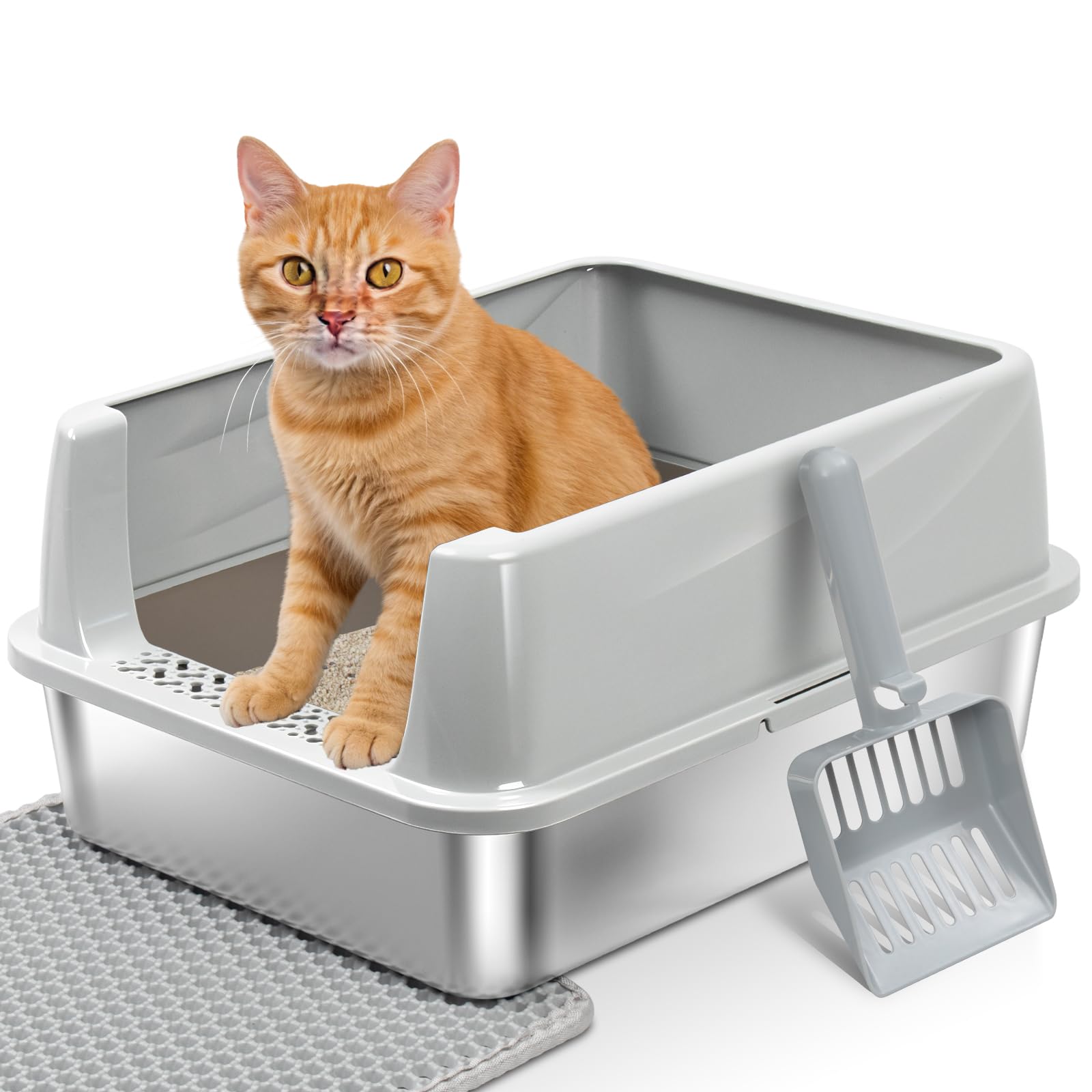 FUTAM Stainless Steel Litter Box with Lid,Metal Litter Box for Small Cat,Kitten Litter Boxes with Scoop and Mat,Non-Stick,Anti-Leakage,Easy to Clean,17"x13"x8.2"