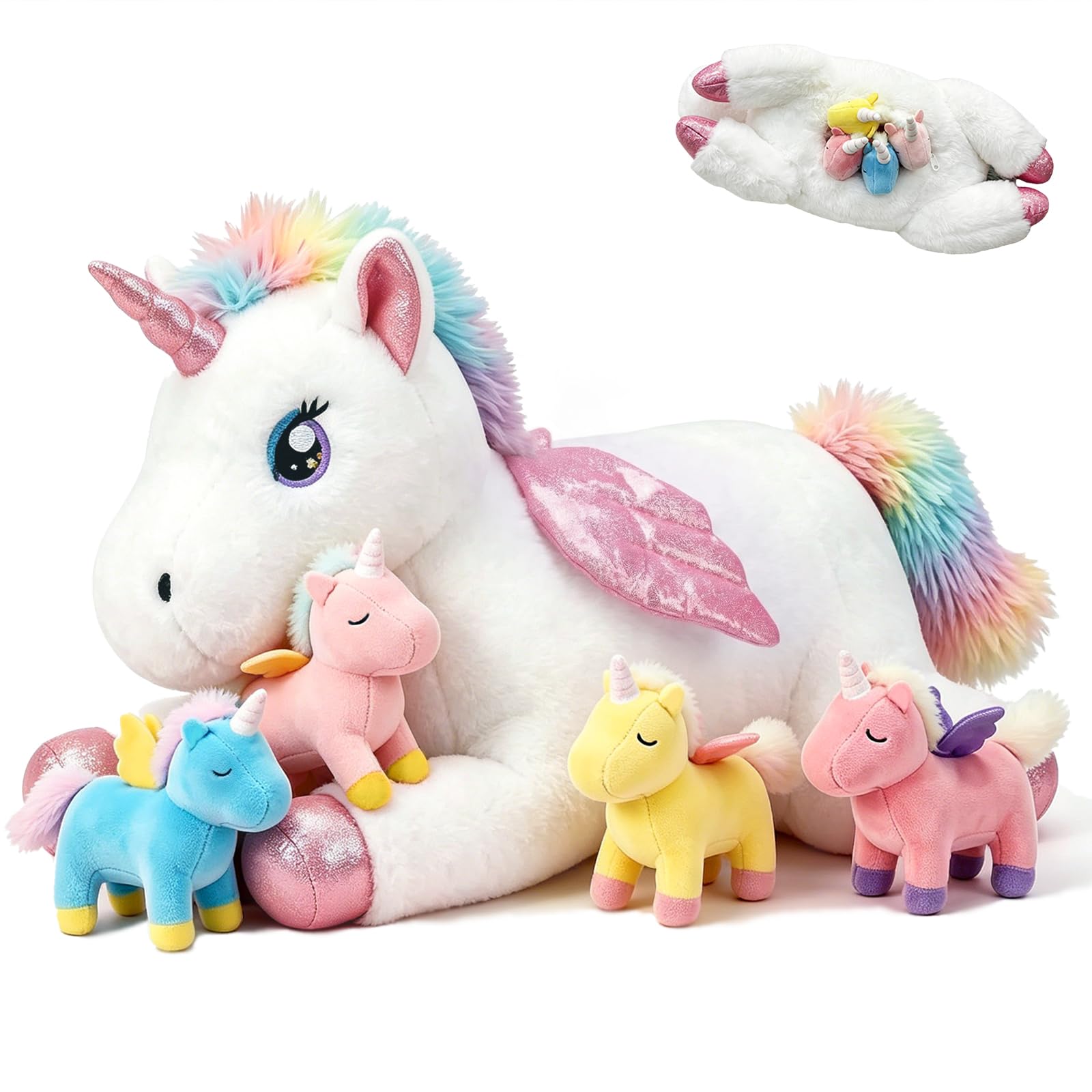 5-1 Unicorn Stuffed Animal with Babies in Zipper Belly, Giant 22inch Mommy Stuffed Unicorn Plush with 4 Baby Unicorn Toys, Large Big Soft Plushie Stuffy Gift for Girls Kids, Birthday, Party
