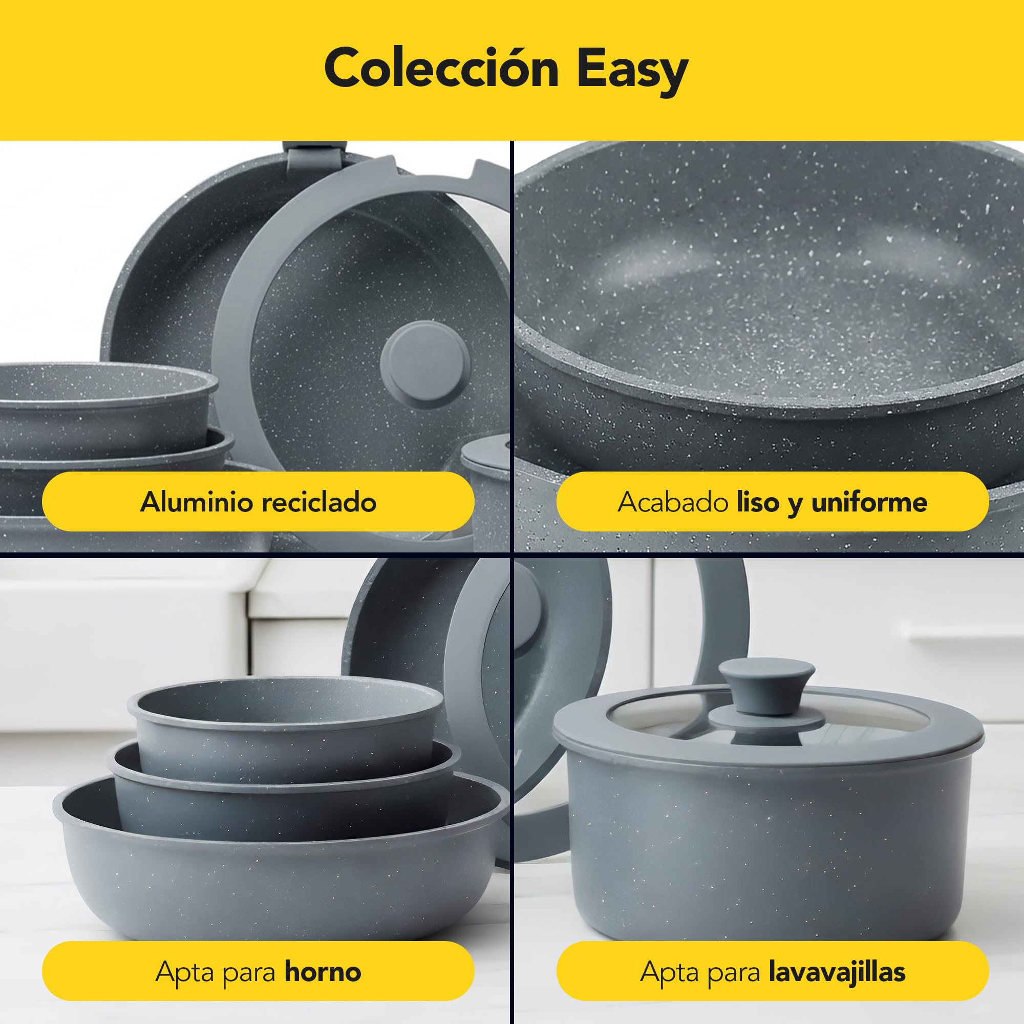 CASTEY - Batería de Cocina 8 Piezas, Modelo BAT-C8GR, Acero Inoxidable 18/10, Base de Aluminio, Recubrimiento Antiadherente Sin PFOA, Sartenes, Ollas y Cacerolas con Tapa y Mango Extraíble, Gris