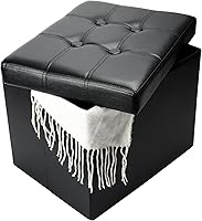 Bsketa Folding Storage Ottoman with Thick Foam Padded Seat - Small Leather Foot Stool Bench, 17x13x13in Foot Rest for Living Room, Black