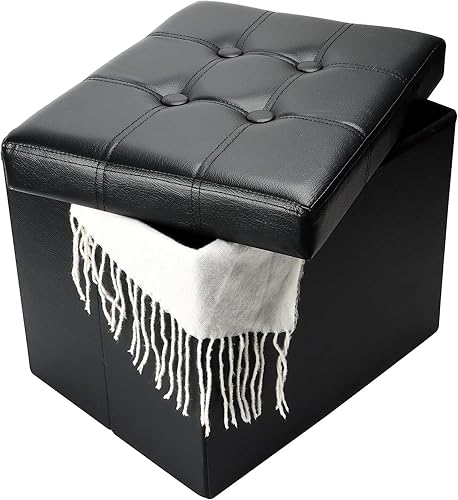 Otomana de almacenamiento, taburete plegable con asiento acolchado de espuma más gruesa, otomana pequeña de almacenamiento de cuero, banco Negro