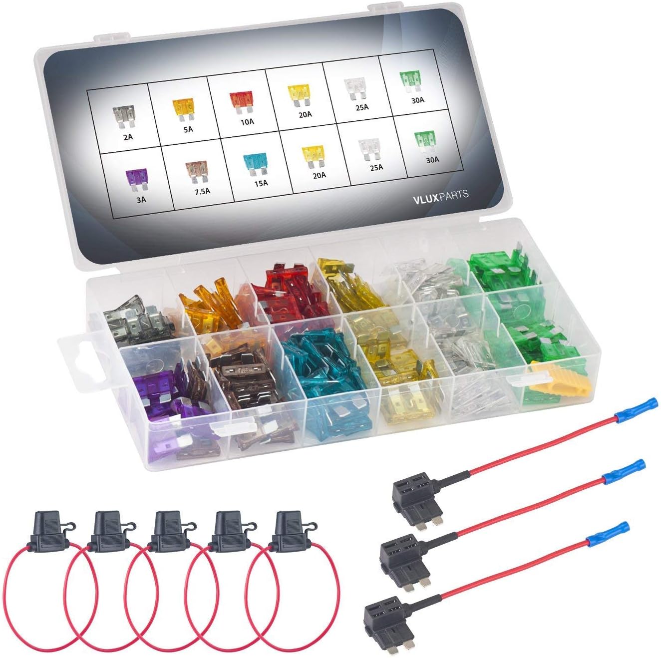 150pcs ATO/APR / ATC Blade Car Fuses Assortment Kit Standard Fuse 2A 3A 5A 7.5A 10A 15A 20A 25A 30A Assorted Auto Cars Boat Truck SUV Automotive Replacement w/Fuses In-Line Holder TAP Adapter