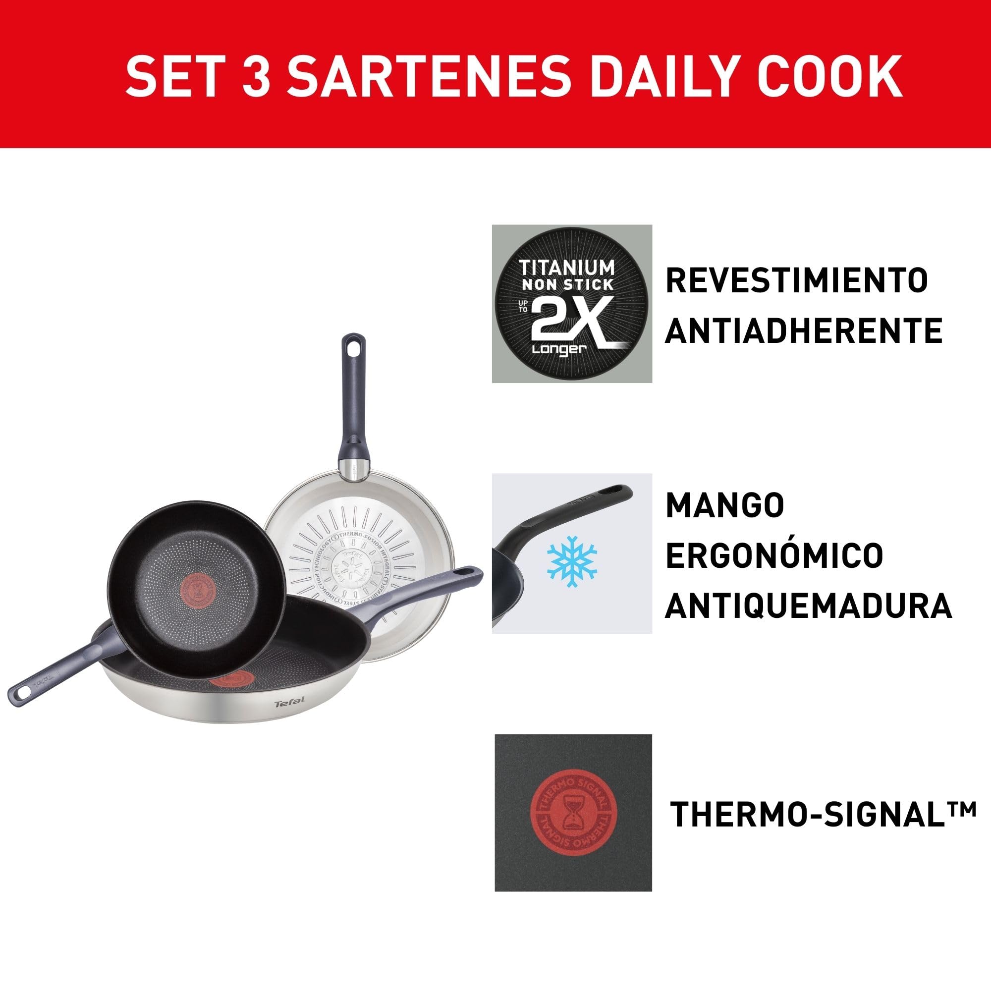 Tefal Daily Cook - Juego de Sartenes de 20/24/26 cm, Apto inducción, antiadherente, revestimiento titanio, Thermo-signal, apto lavavajillas y horno, acero inoxidable — view 3