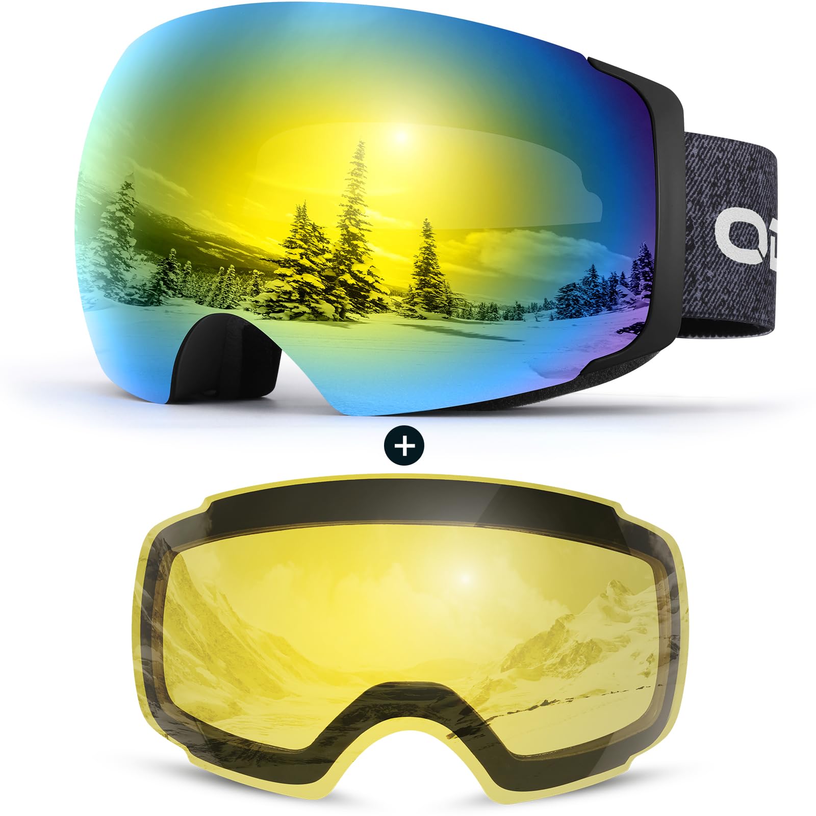 Odoland Occhiali da sci unisex per uomo e donna ragazzi occhiali da snowboard senza montatura con vetro magnetico intercambiabile protezione UV anti-nebbia occhiali da neve compatibili con casco per