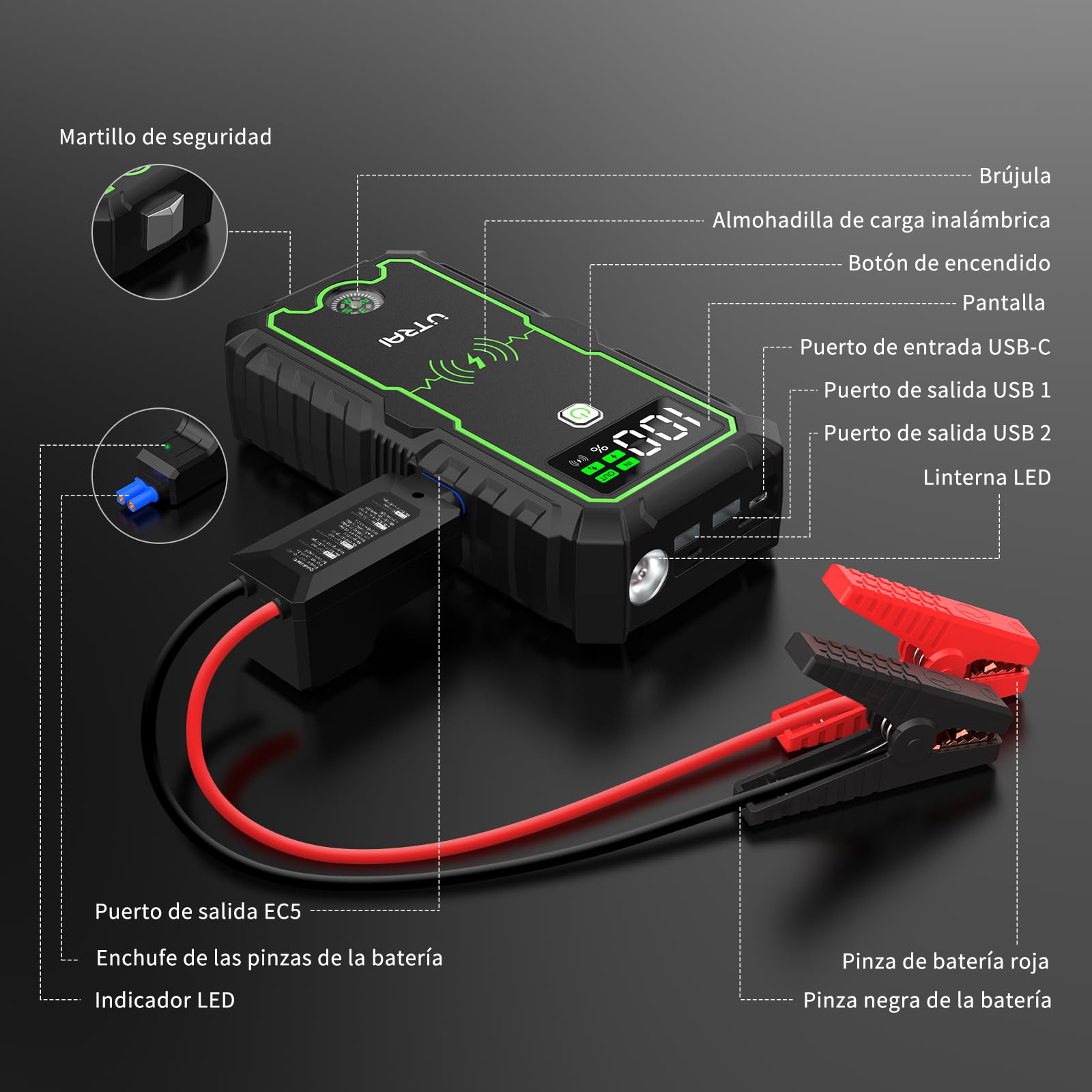 UTRAI Jump Starter Power Pack,6000A 27000mAh Car Battery Booster Jump Starter with Quick Charge 3.0 and DC Output,10W Wireless Charger,LED Flashlight,Compass,Safety Hammer (for All Gas/8.5L Diesel)