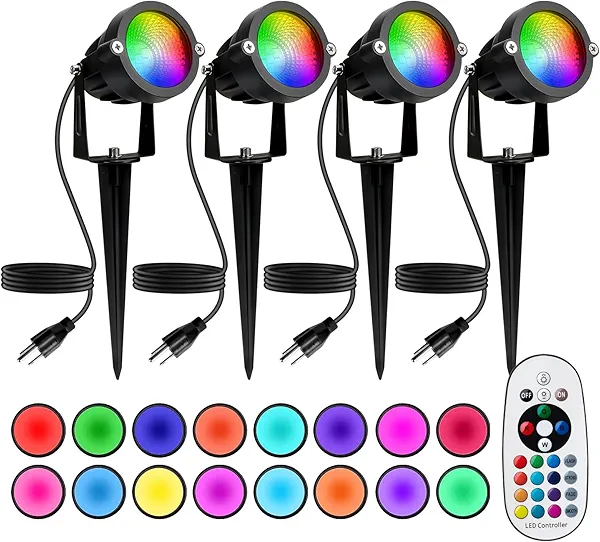 BeeLinks Halloween Christmas Spotlight Outdoor: 12W RGBW LED Spot Lights Outdoor with 16 Color Changing for Yard Garden Decor | 4 Pack of IP65 Waterproof 120V Plug in Landscape Lighting with Remote