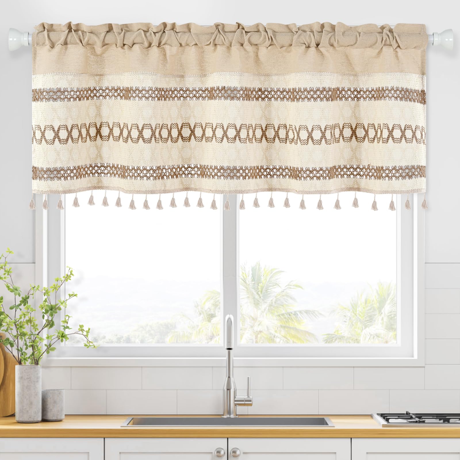 Alishomtll Linen Kitchen Curtains, Beige Striped Short Curtain for Windows, Boho Crochet Curtains with Rod Pocket, 18 Inch Drop Vintage Light Filtering Drapes for Bathroom Cafe, 35 x 18 inch