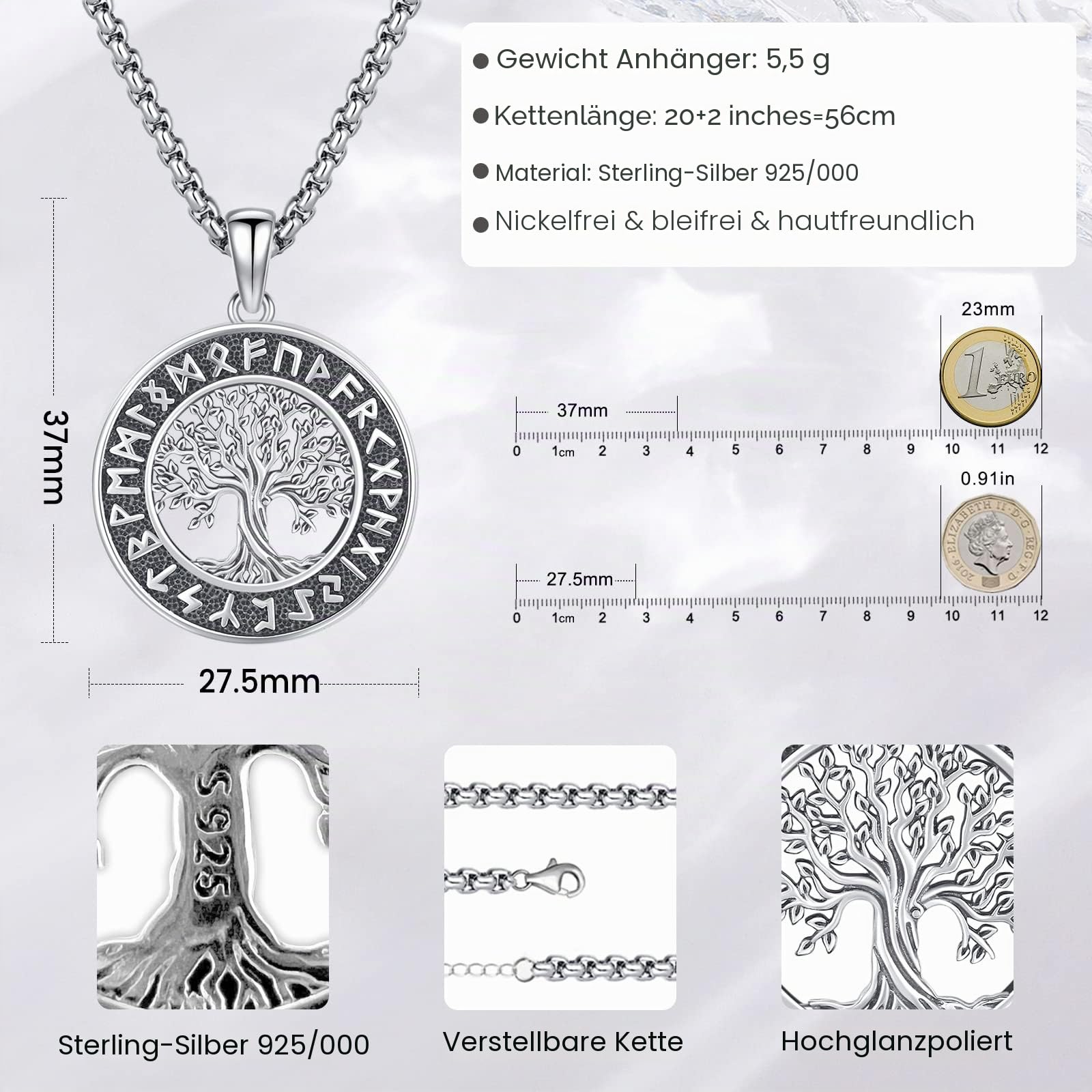 Eusense Wikinger Schmuck 925 Silber Viking Halskette Geschenke Amulett Nordische Mythologie Anhänger Geschenk für Herren Damen