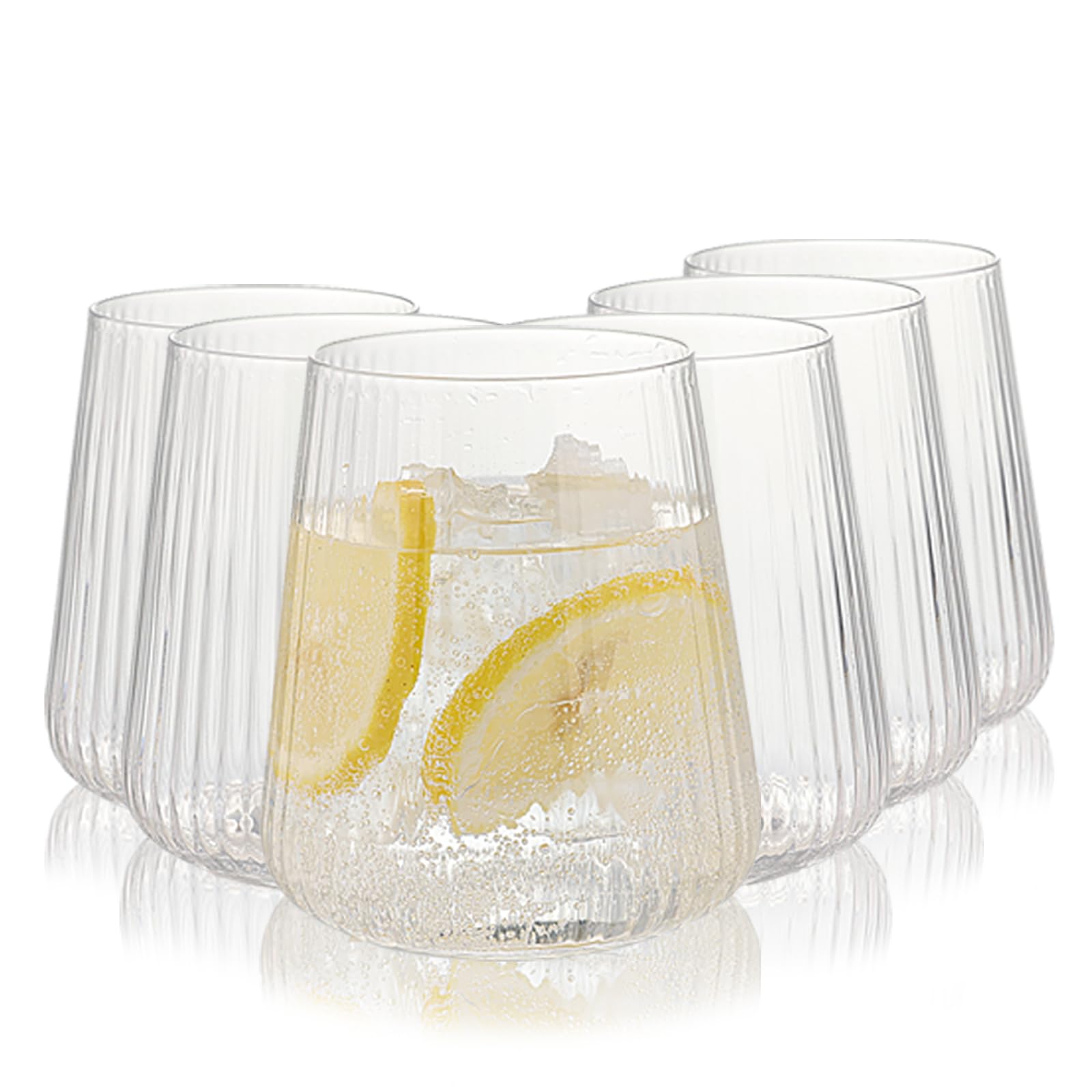 WeirdUncle Set of 6 Stemless Wine Glasses,17oz Ribbed Drinking Glasses, Lightweight, Clear, Everyday Drinking Water Glass, Fluted Design, Ideal for Water, Iced Coffee, Juice, Milk, Housewarming Gift