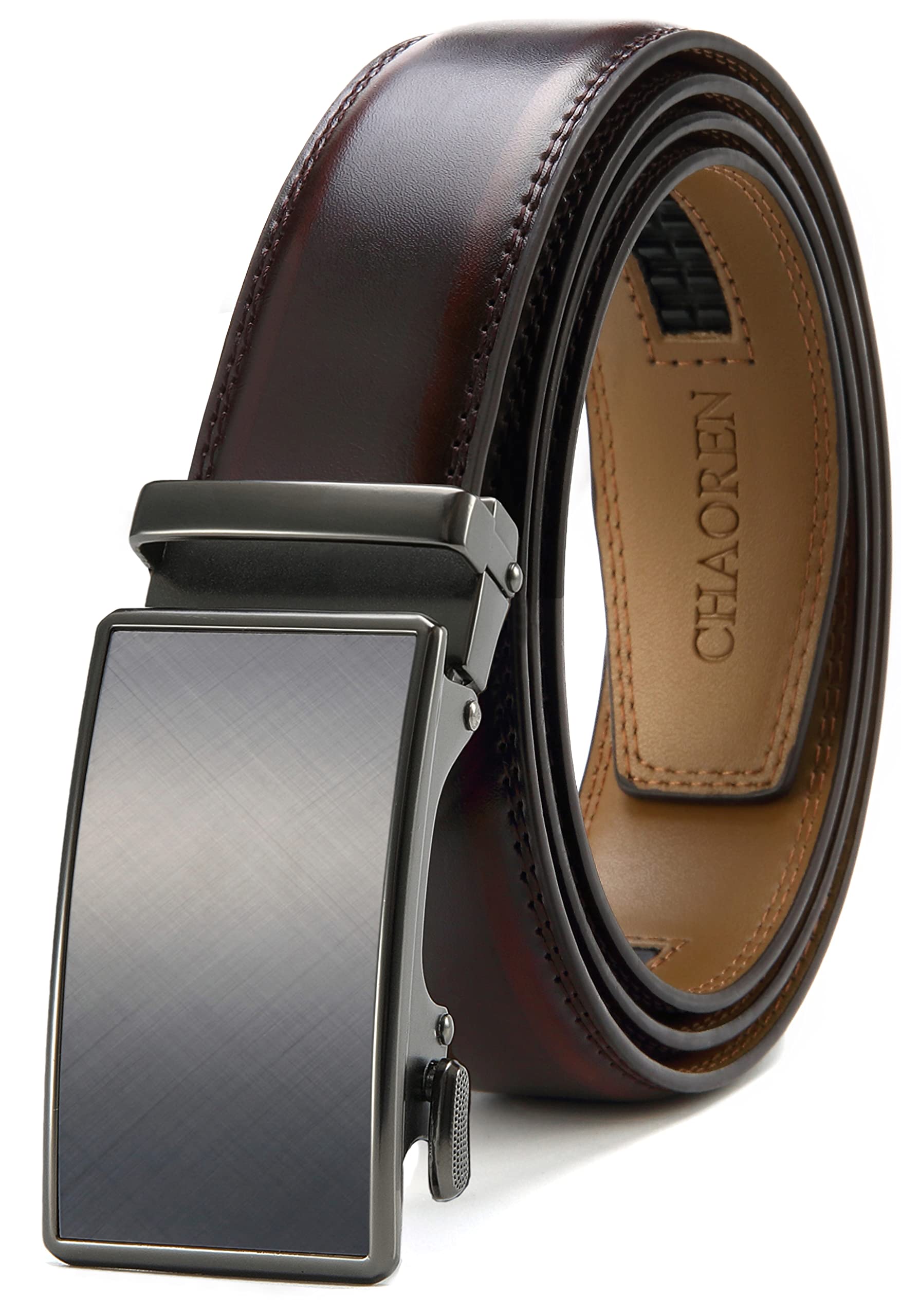 CHAORENMens Belt - Mens Ratchet Belt Leather 1 3/8" for Dress Pant - Micro Adjustable Belt Fit Everywhere, Charcoal Depiction - Burgundy, 36" to 42" Waist Adjustable