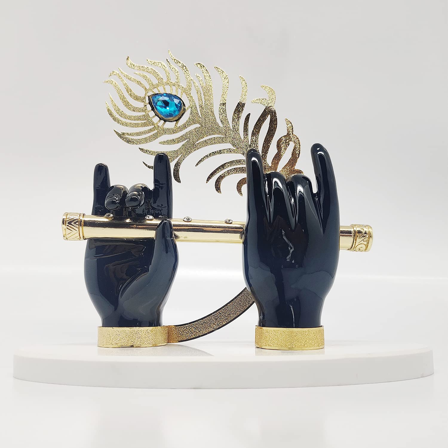 JSK Arts™ | Gold Plated Krishna Ji Hands with Flute Figurine | 24K Gold Plated with Black Krishna Hand | Classical Decorative Piece for Home Décor, Wedding & Corporate Gifting - 9.5 Inch