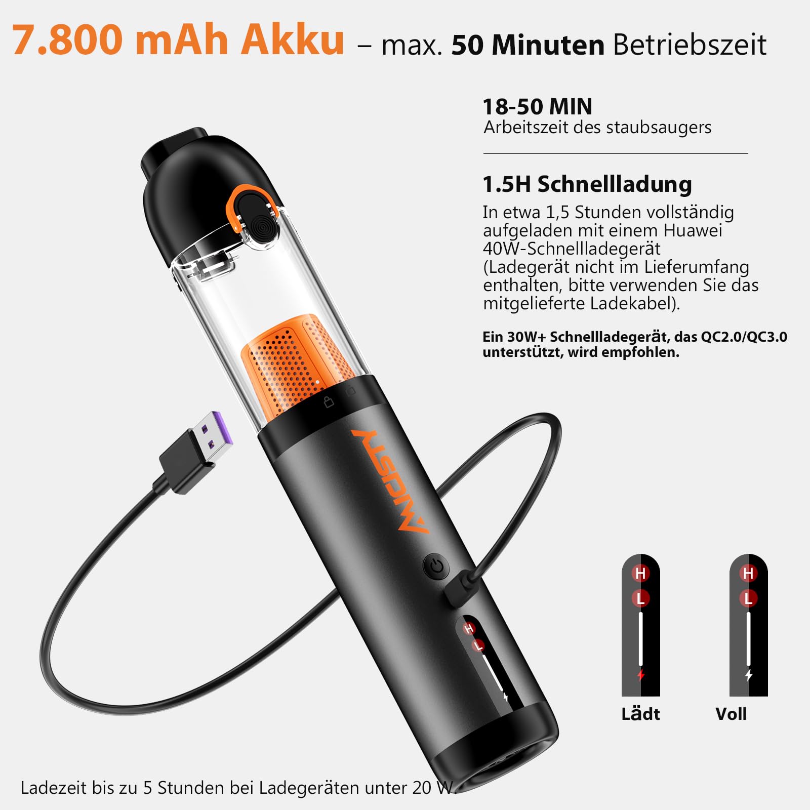 Handstaubsauger Akku 30000Pa, 4-in-1 Akku-Autostaubsauger Bürstenloser Motor, Auto Staubsauger Stark Handstaubsauger Auto 7800-mAh-Akku 50 Min Laufzeit 1,5 Std Schnellladung Aluminiumgehäuse