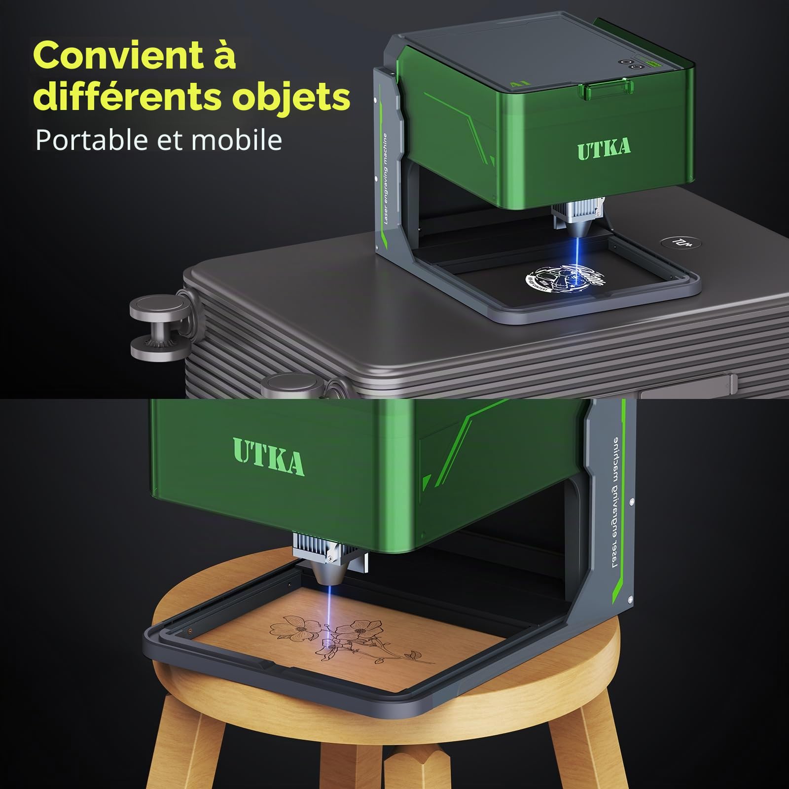 UTKA A1 10W Mini graveur laser avec Cemera, graveur laser portable de 3,93 * 3,93 pouces et machine de coupe pour le bois, le papier, le plastique, le cuir, le tissu, la nourriture, le métal peint