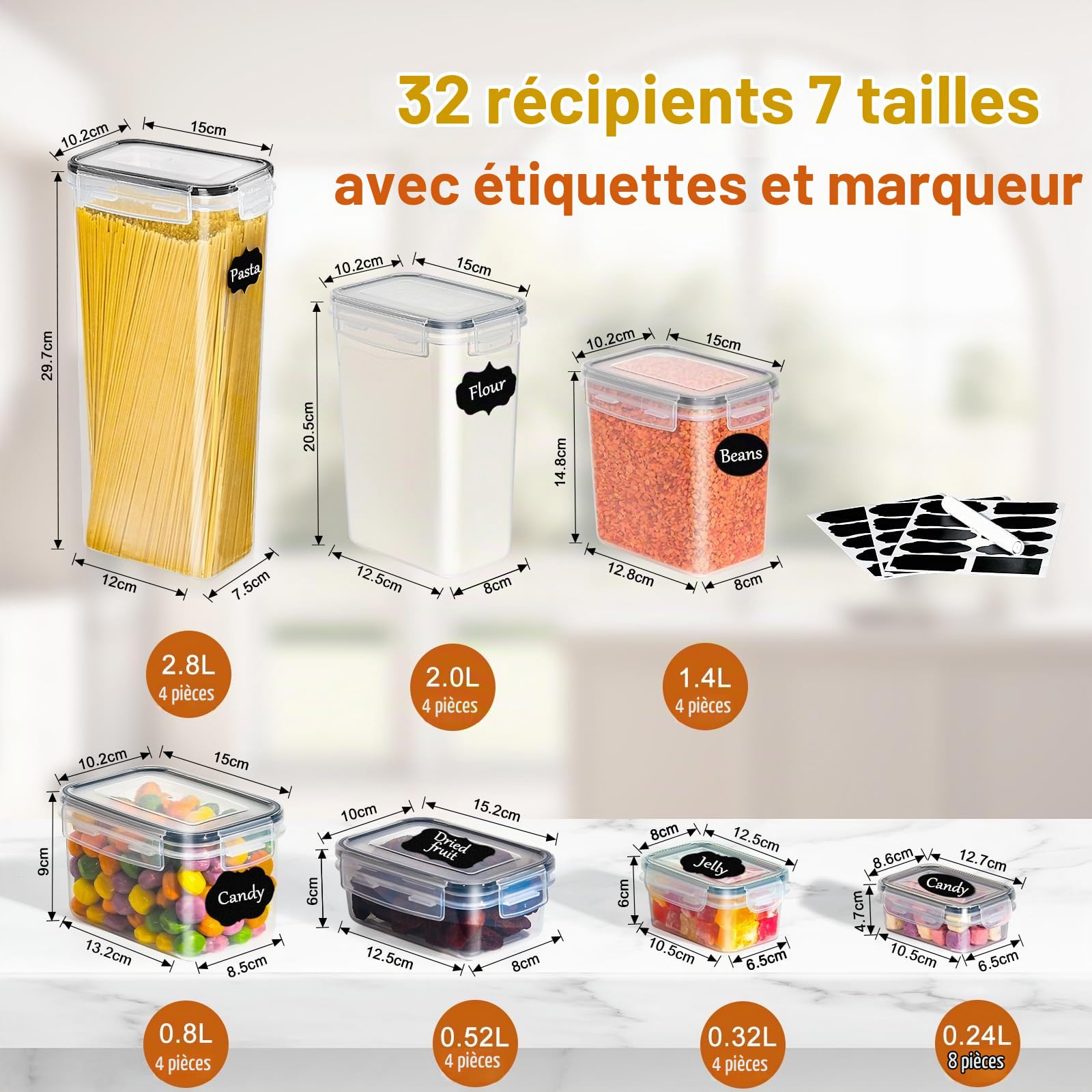 GoMaihe Boite de Rangement Cuisine Lot de 32, Bocaux Hermetiques Alimentaires en Plastique Scellée avec Couvercle, Pour Stocker les Cereales, Pâtes, Farine, Nourriture pour Animaux de Compagnie