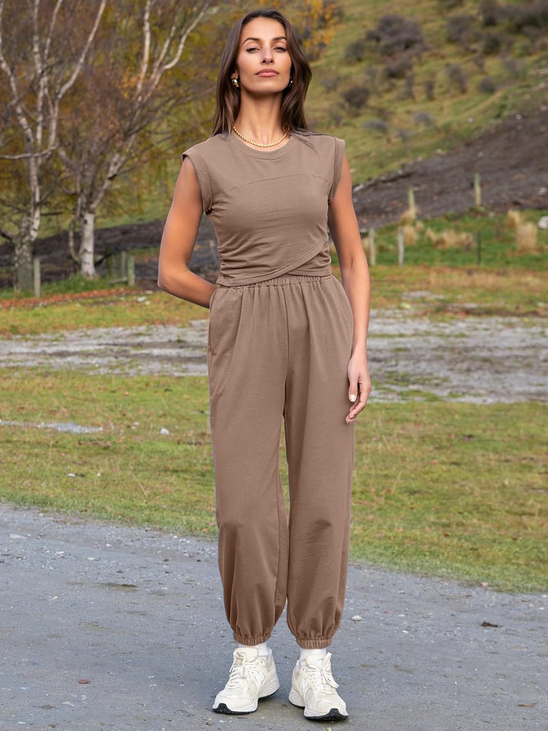 Glamaker Women's Two Piece Athletic Sets Casual Workout Sleeveless Cropped Tops High Sweatpants Joggers Tracksuits - Image 6