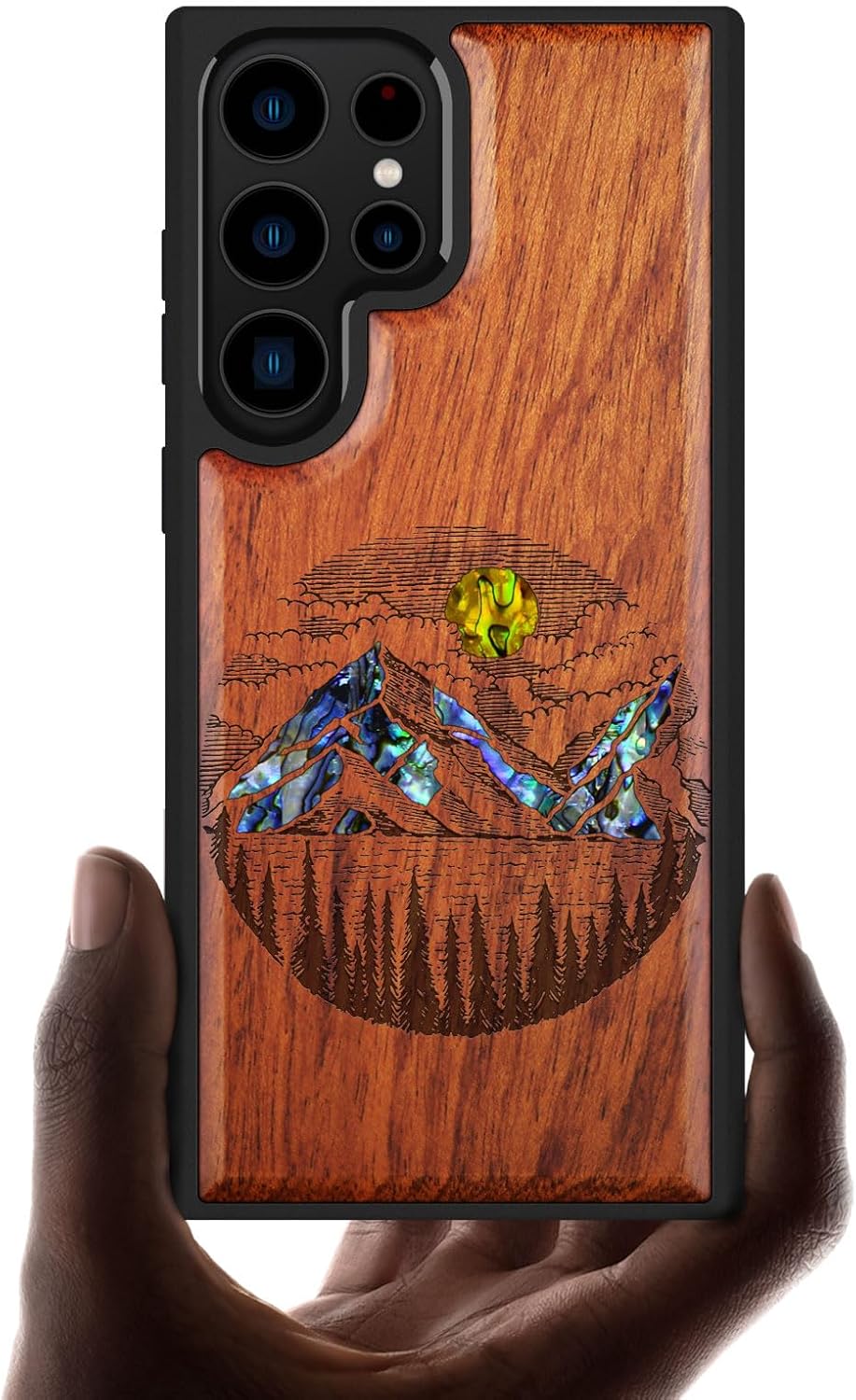 Carveit Designer Wooden Case for Samsung Galaxy S23 Ultra Cover [Wood Engraving & Shell Inlay] Compatible with Wireless Chargers S23 Ultra Case (Lakes and Mountains-Blackwood)