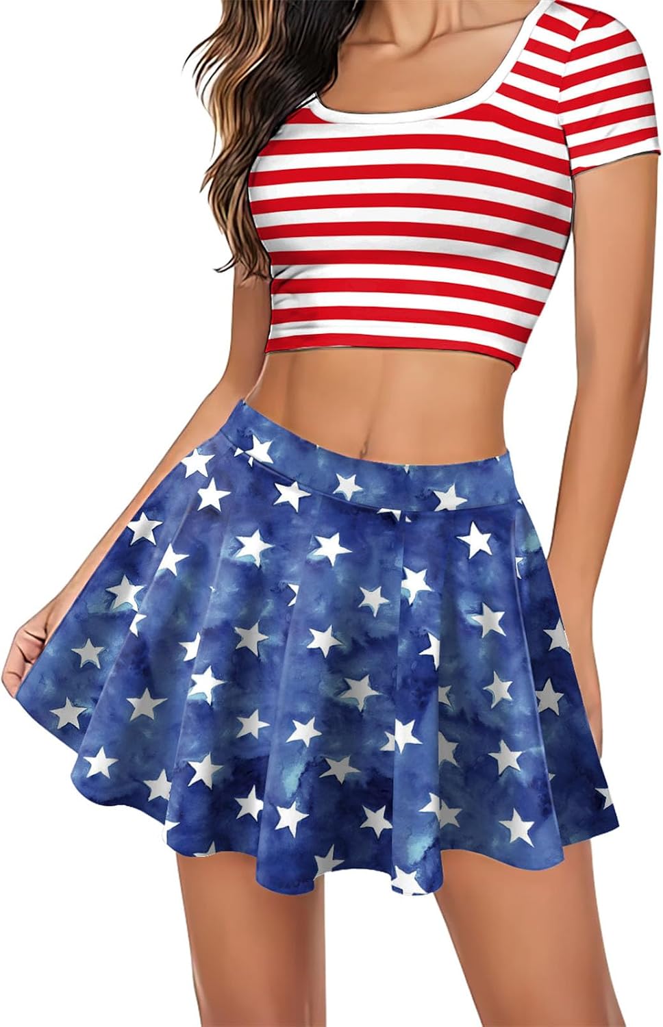 4th of July Outfits for Women Two Piece American Flag Mini Pleated Skirt with Top Crop Striped Blue Star Set