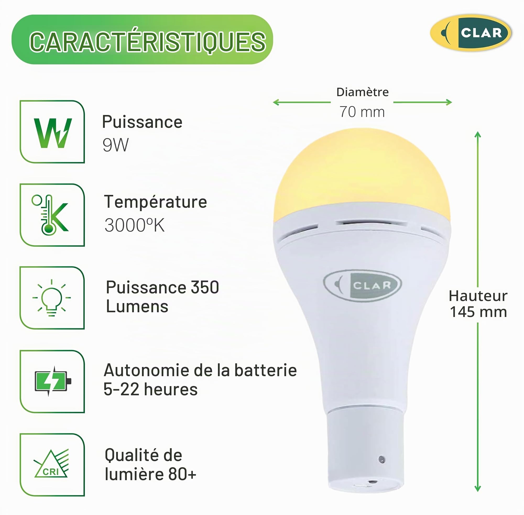 CLAR - Ampoule LED E27 Rechargeable Avec Télécommande, Sans Fil, 9W, Blanc Chaud (3000ºk) (Pack 3)