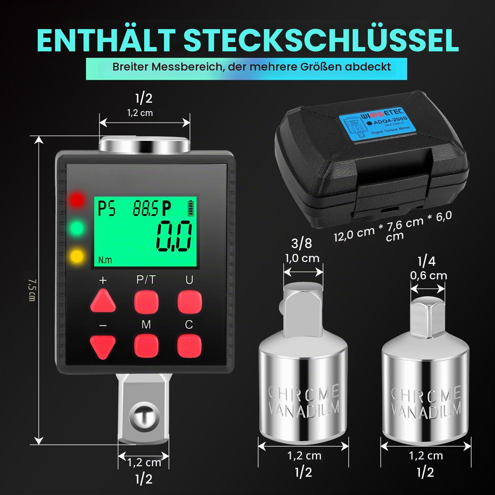 Digitaler Drehmomentadapter 1/2 Zoll, 3,4 – 340Nm Drehmoment Digital Adapter, Genauigkeit ± 1% mit Voreingestellter, Speicher, Summer, LCD Anzeige, 1/4" 3/8" Adapter für Auto, Motorrad, Fahrrad