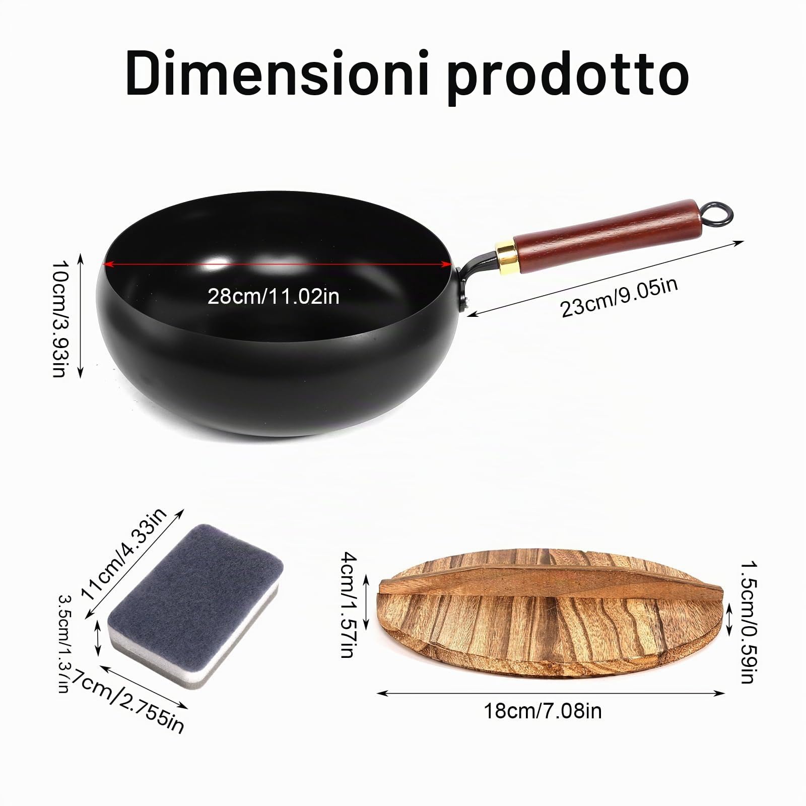 Casseruola in ferro battuto a mano, padella giapponese in ferro battuto con coperchio in legno 28 cm padella in ferro non rivestita antiaderente multiuso per cucina, ristorante o casa