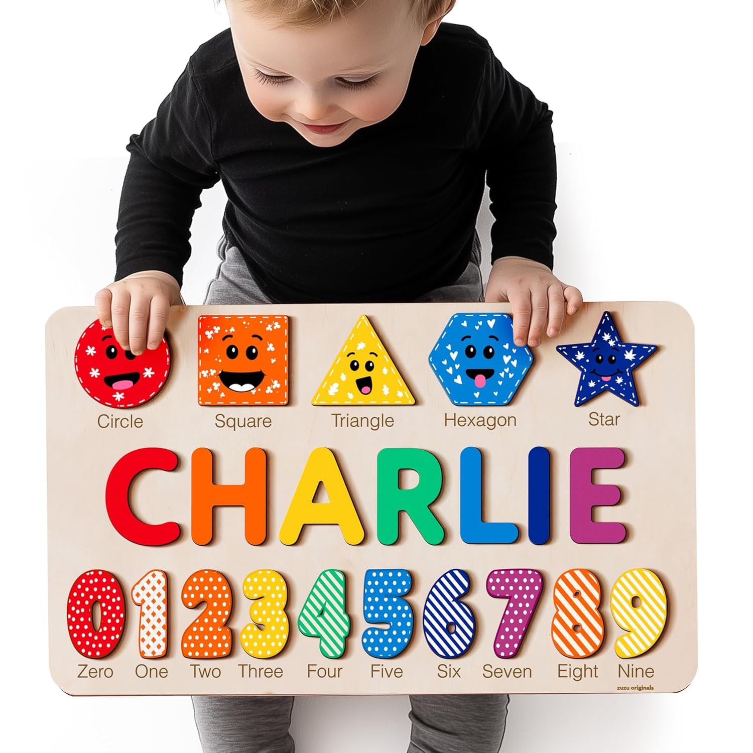 Zuzu Puzzle Puzzles for Toddlers Boy and Girl, Personalized Name Puzzle, Toy, Gifts for 0 1 2 3 Years Old, Baby Gifts, Baby Shower, Christmas, 0 3 6 9 12 24 Months (Numbers and Shapes)