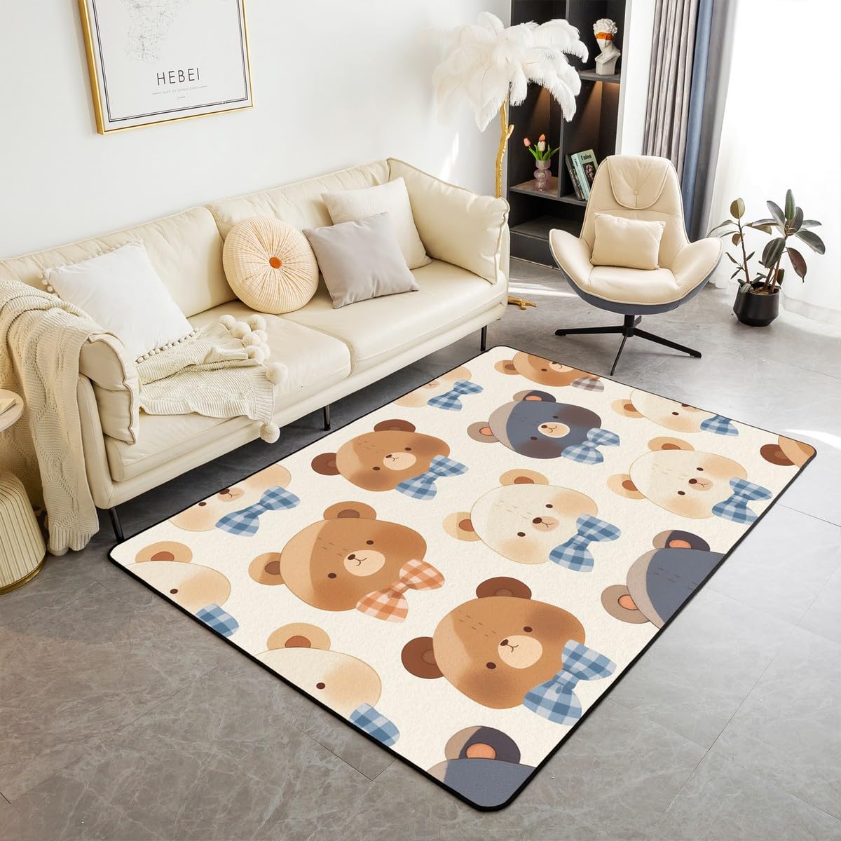 Homewish Dywan z motywem niedźwiedzia, 100 x 150 cm, do sypialni, salonu, pokoju zabaw, kawaii, kokarda, niebieska krata, kokarda, wewnętrzna mata podłogowa, antypoślizgowa, urocze zwierzę dekoracyjny