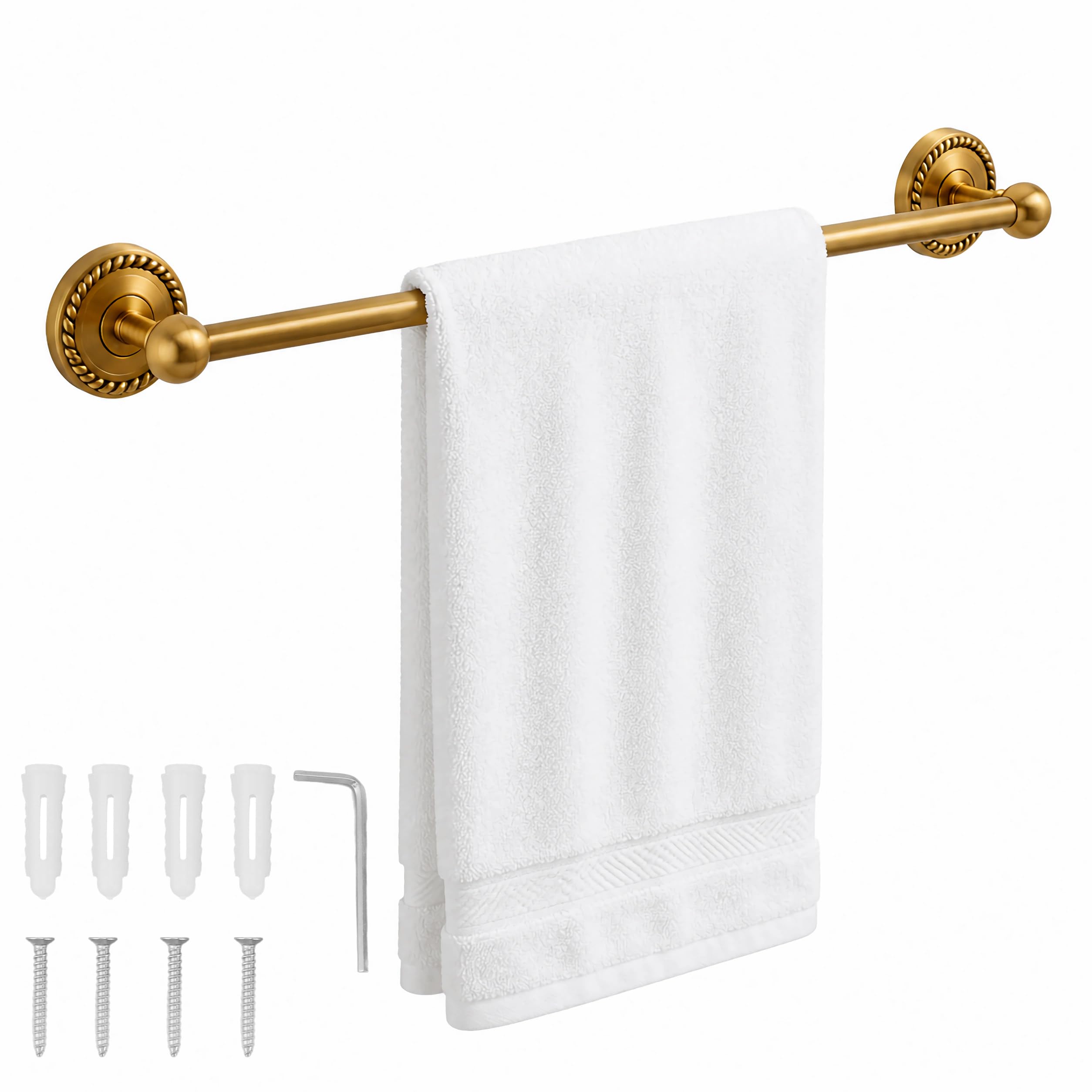 Toallero de Baño Barra para Toallas Cobre Macizo Acabado Dorado, Soporte de Pared Estilo Vintage Europeo Una Sola Barra para Organizador Ducha Lavabo Cocina 51cm (Bronce)