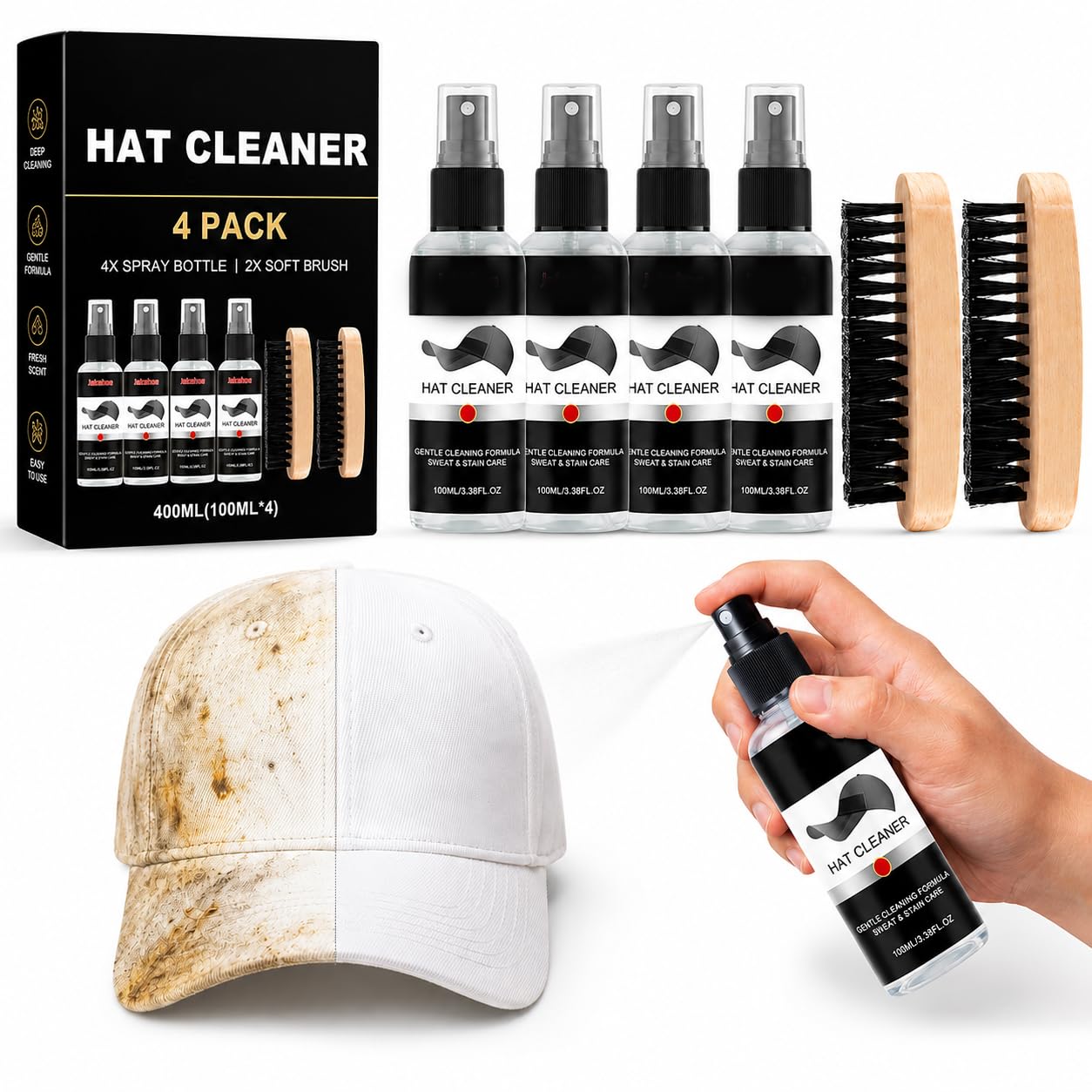 Hat Cleaning Kit for Baseball Caps, Stain Remover Spray for Hats, Sweat Stain & Odor Eliminator, Gentle Fabric Cleaner with Brush, No Rinse Formula for Cap Care, Professional Headwear Cleaner