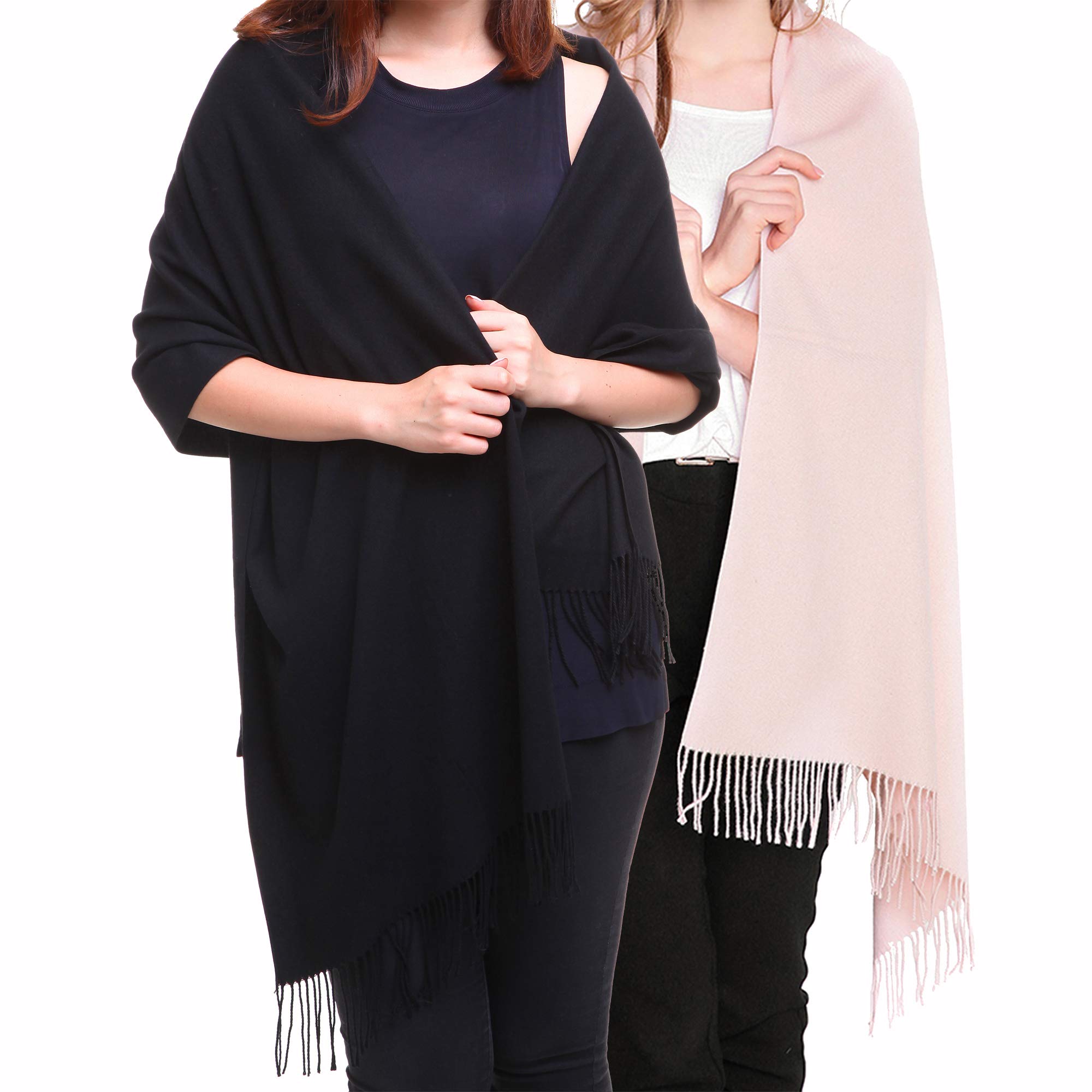 REEMONDE Large Extra Soft Cashmere Blend Women Pashmina Shawl Wrap Stole Scarf (2 Pack - Black & Light pink)