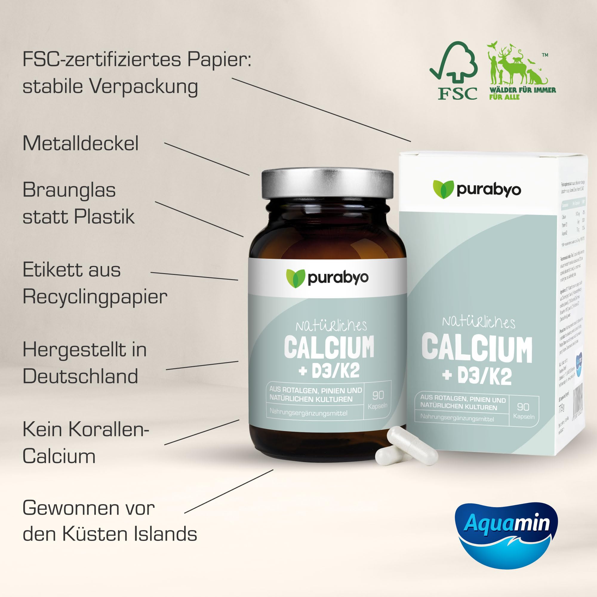 Purabyo Calcium mit Vitamin D3/K2 | im Glas | Hochdosiert 640 mg | Aquamin natural Calcium aus Rotalgen | natürliches Kalzium | Calcium hochdosiert | vegan, laborgeprüft und in Deutschland hergestellt