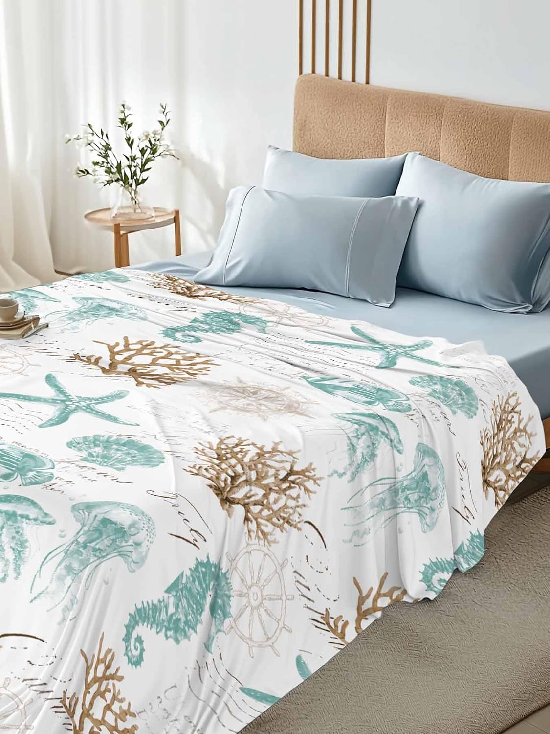 Top Sheet King Bedding Flat Sheet Only, Vintage Green Seahorse Starfish Brown Coral Microfiber Bed Sheets Soft Breathable Bedding Flat Sheets, Marine Life Hotel Luxury Top Sheets