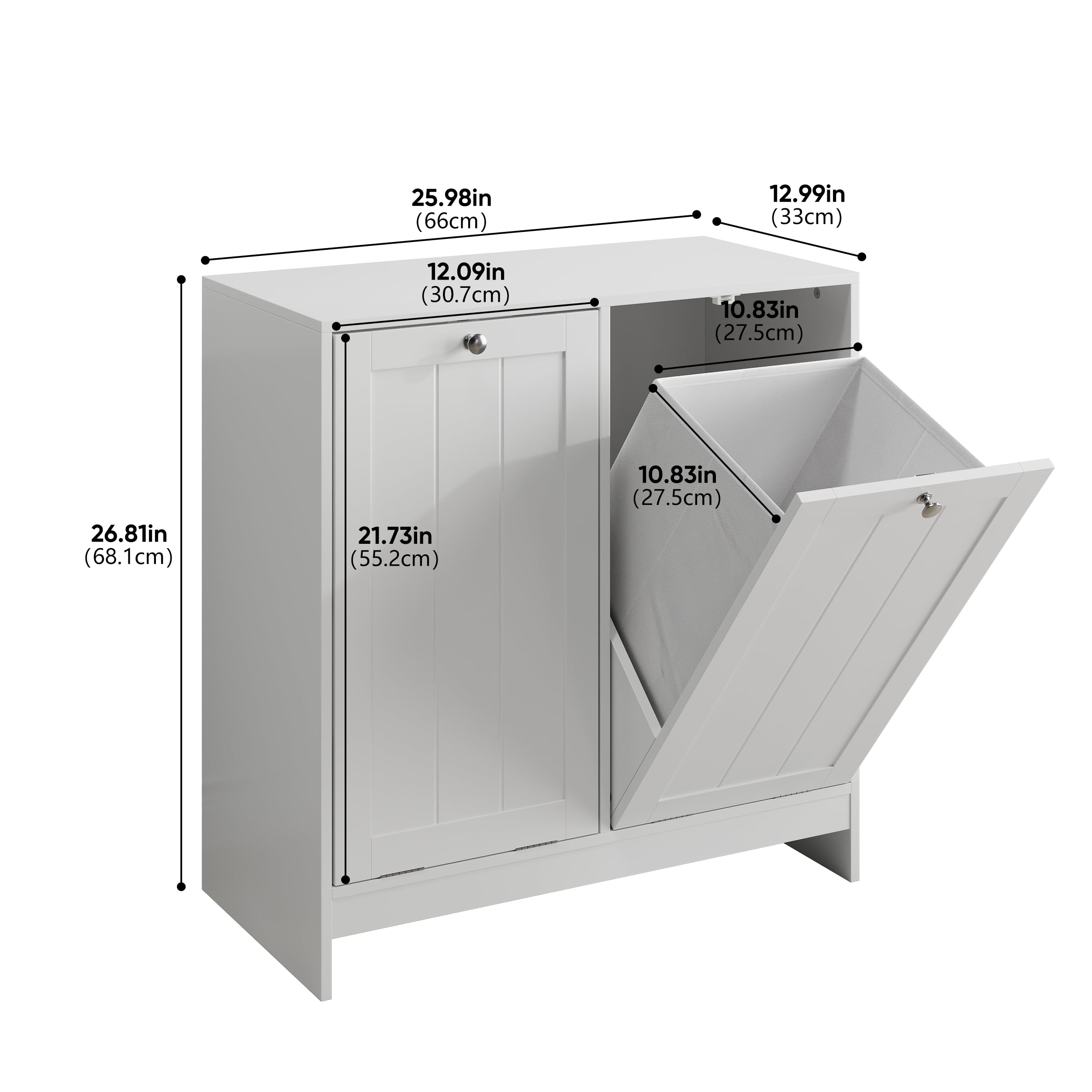 Badezimmerschrank mit Wäschekorb 42x32x76 cm Weiß, kippbar, 2 herausnehmbare Körbe, mit Wäschekippe und Kippschutz, freistehend, für Waschküche und Bad