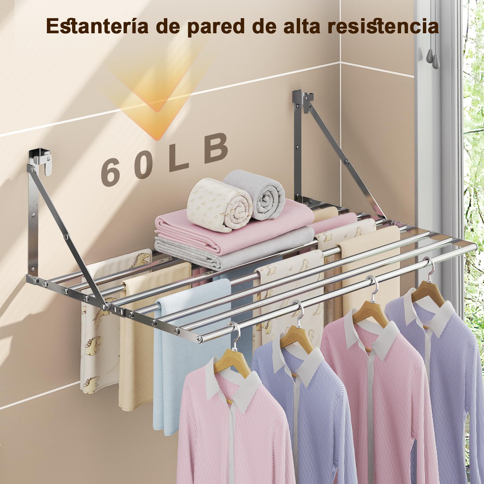 Innotic Séchoir à Linge Mural Pliable de 80 cm - Résistant à la Rouille - avec 8 Barres - Grand Espace - Peu encombrant - pour l'extérieur, la Salle de Bain, Le Balcon, la buanderie - Argenté