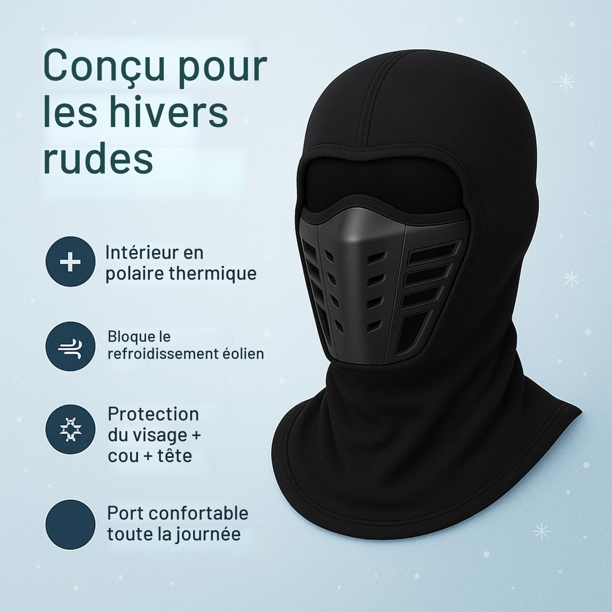Masque Thermique D'hiver Polaire, Noir, Taille Unique (27x22cm), Pour Homme Et Femme
