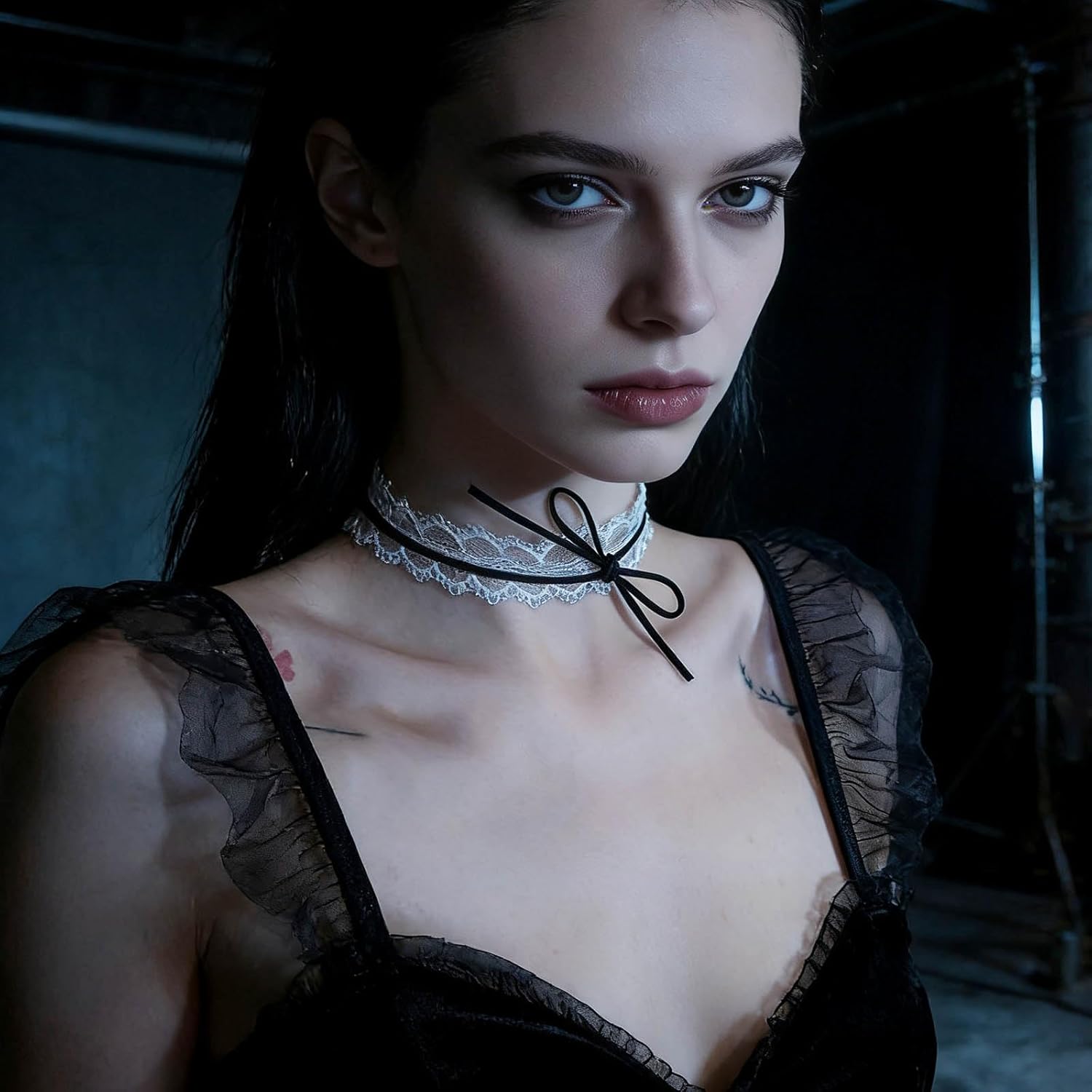 Gothic Black Lace Choker Necklace Black Bow Collar Necklace Black Hollow Lace Necklace Sexy Ribbon Bow Collar Necklace Lace Tattoo Necklace Costume Jewelry Accessories for Women - Image 7